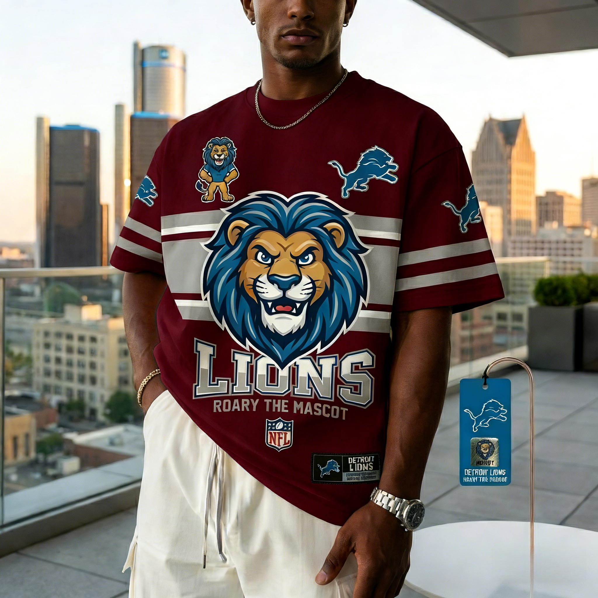 T-shirts featuring the NFL team "Detroit Lions" and their mascot "Roary"