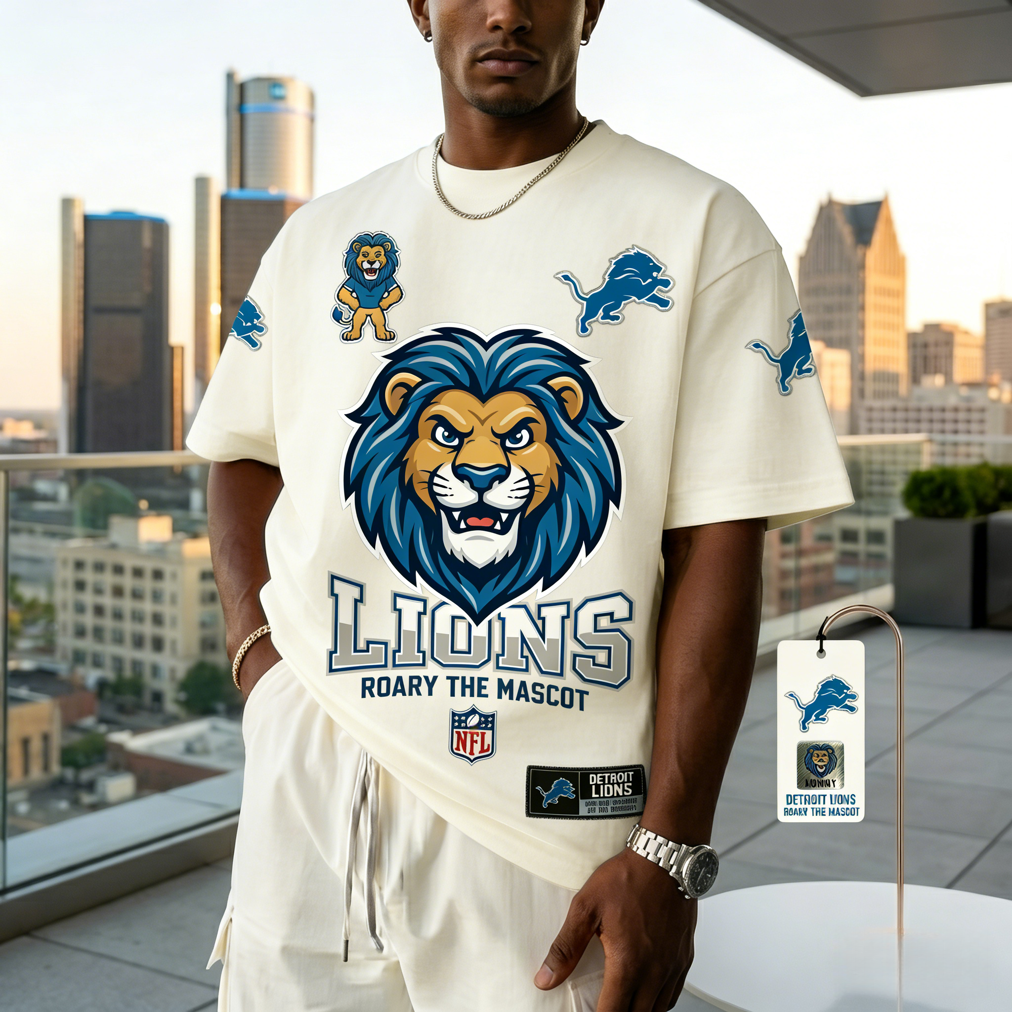 T-shirts featuring the NFL team "Detroit Lions" and their mascot "Roary"