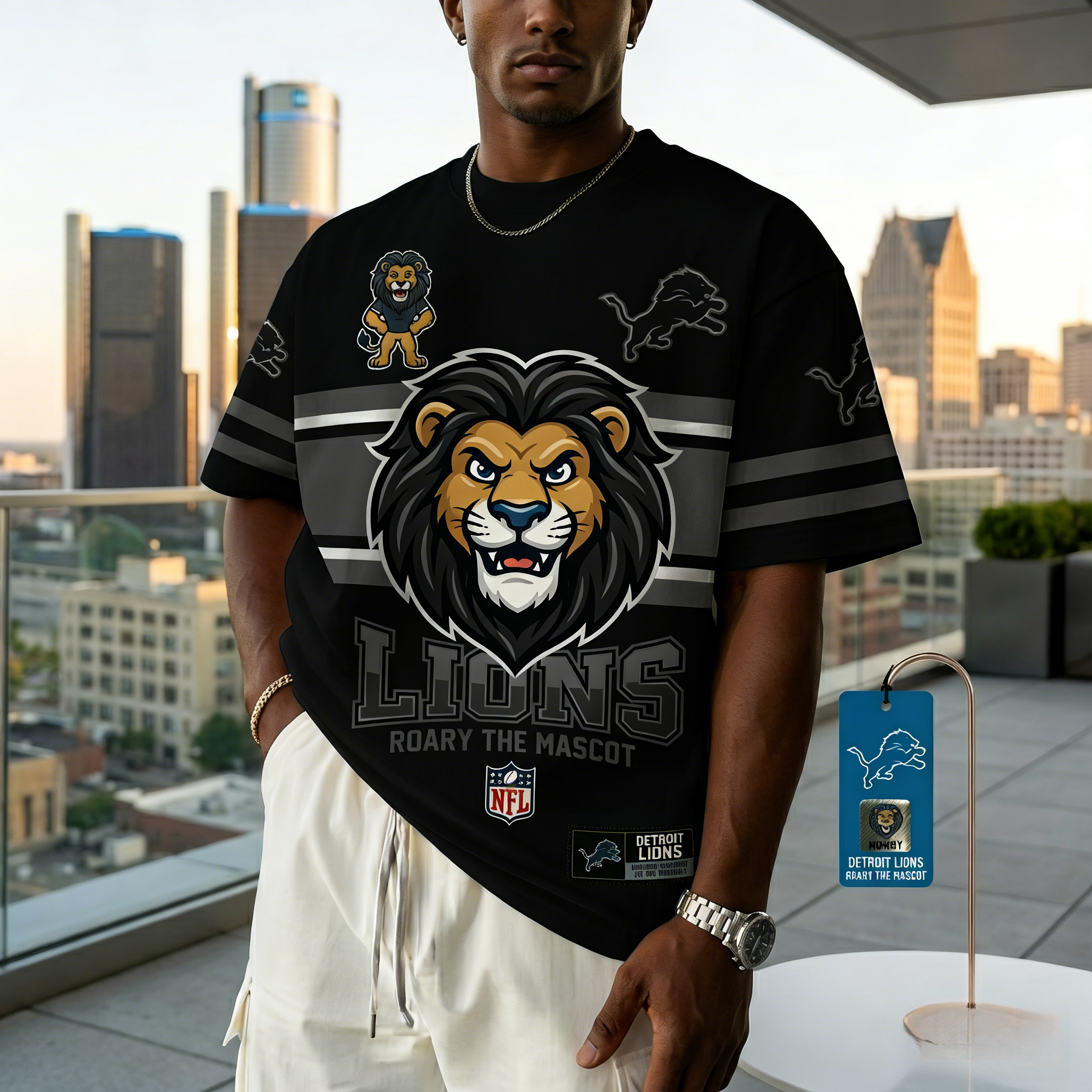 T-shirts featuring the NFL team "Detroit Lions" and their mascot "Roary"