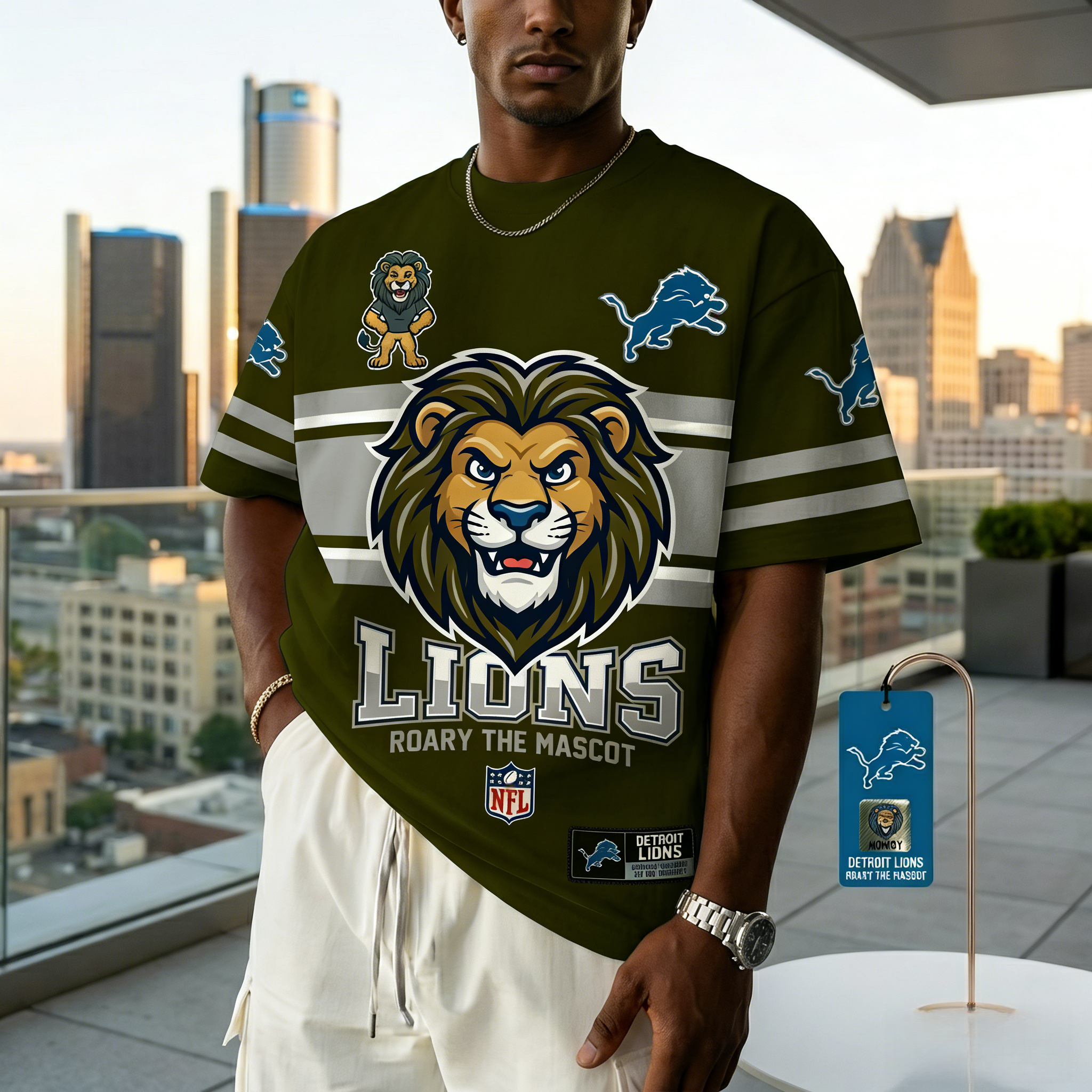 T-shirts featuring the NFL team "Detroit Lions" and their mascot "Roary"