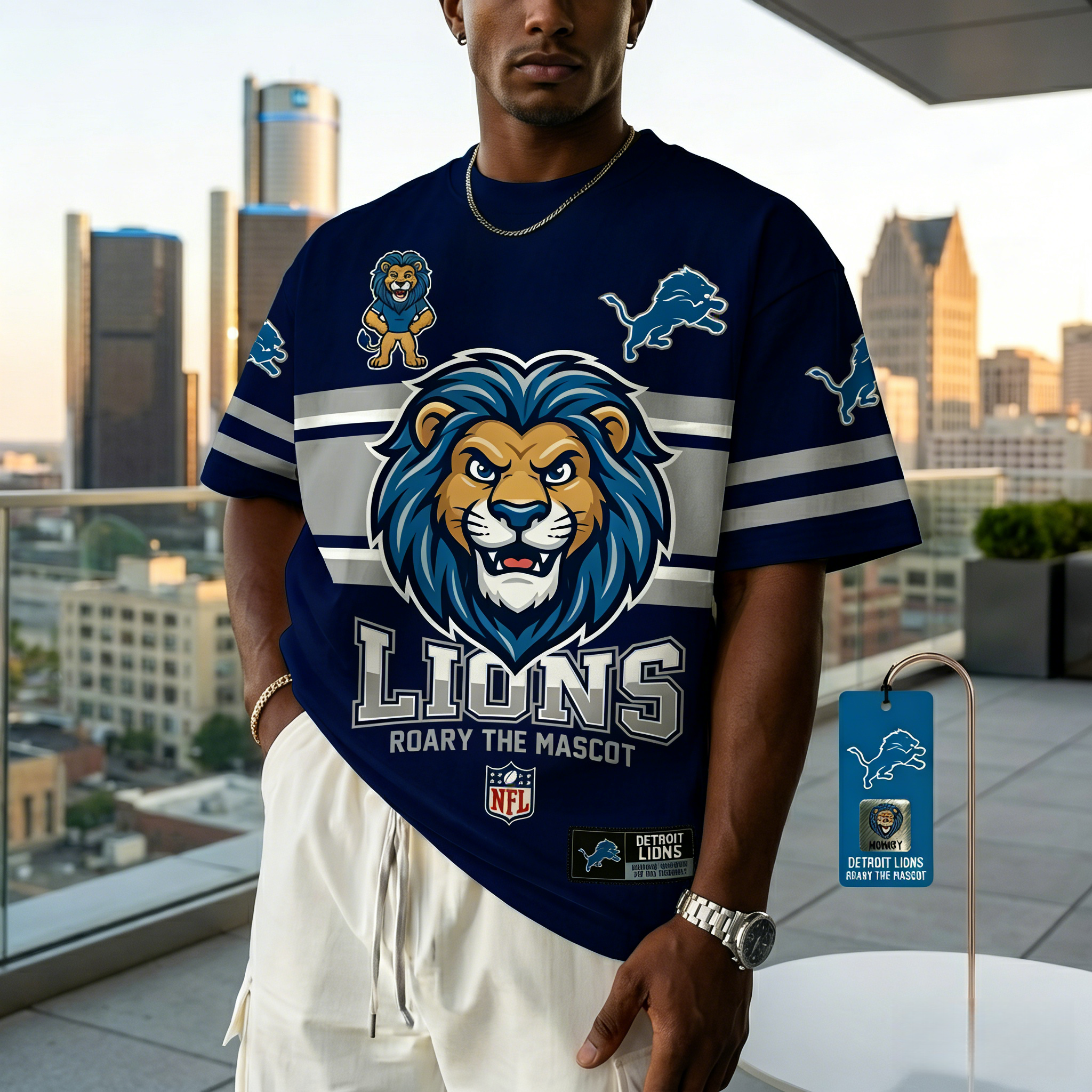T-shirts featuring the NFL team "Detroit Lions" and their mascot "Roary"