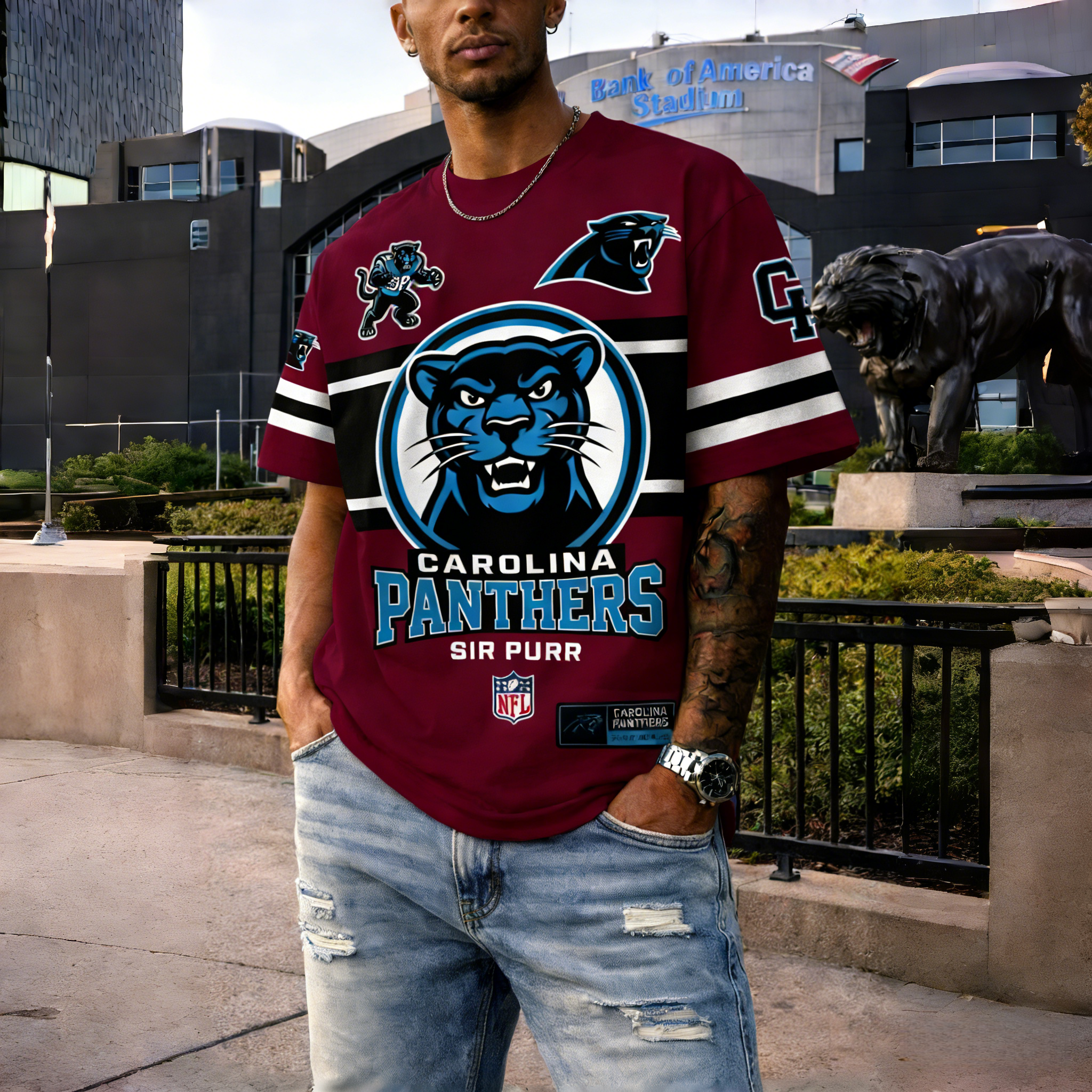 T-shirts featuring the NFL team "Carolina Panthers" and their mascot "Sir Purr"