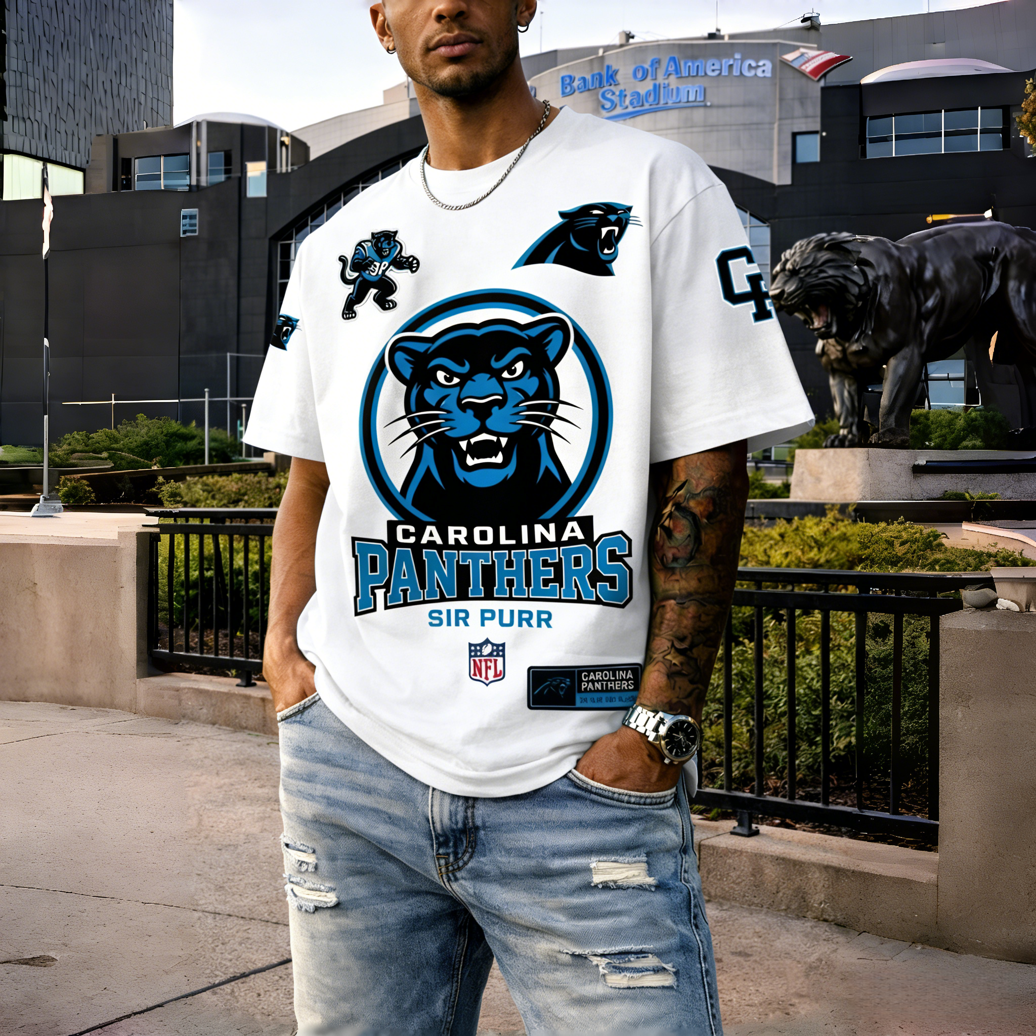 T-shirts featuring the NFL team "Carolina Panthers" and their mascot "Sir Purr"