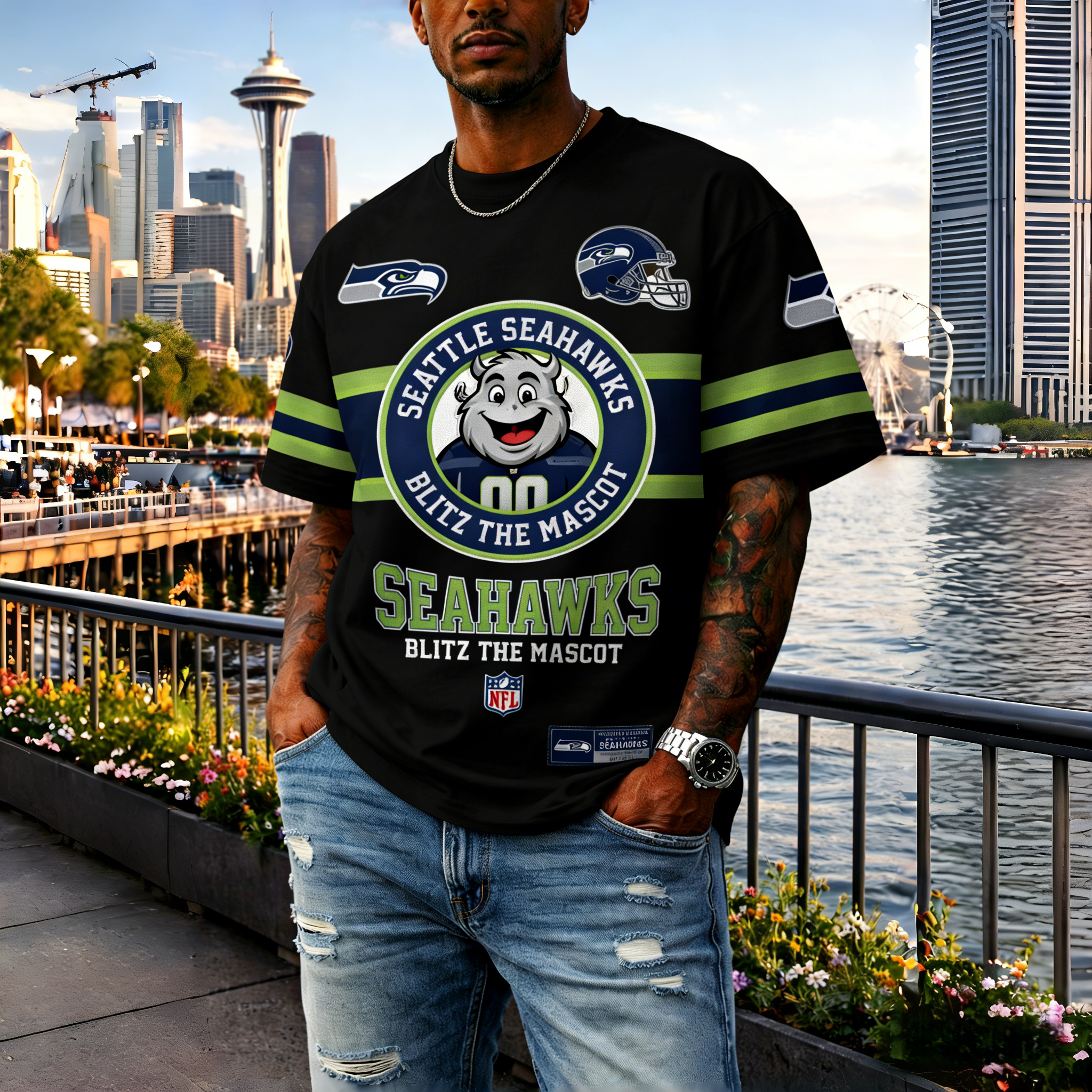 T-shirts featuring the NFL team "Seattle Seahawks" and their mascot "Blitz"