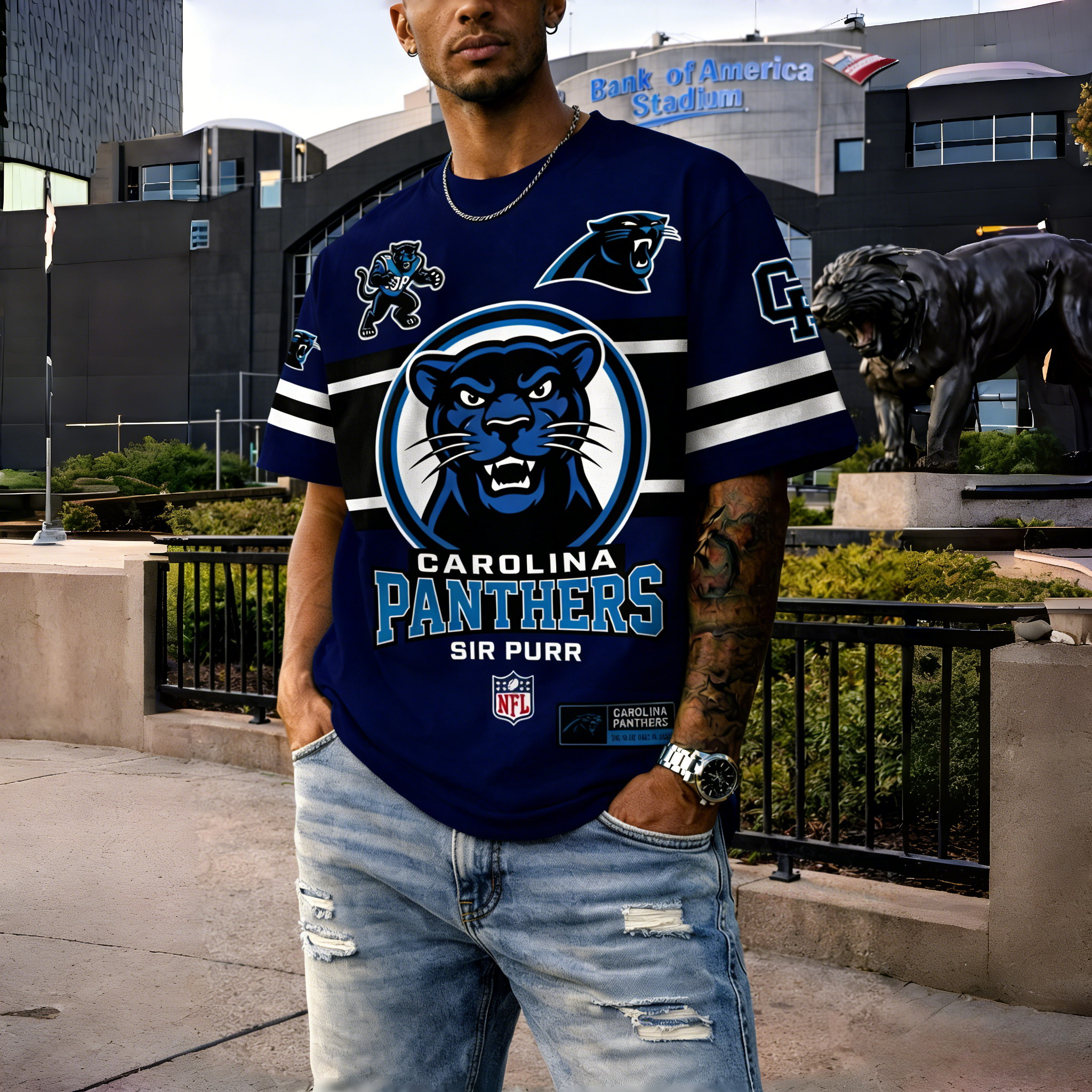 T-shirts featuring the NFL team "Carolina Panthers" and their mascot "Sir Purr"
