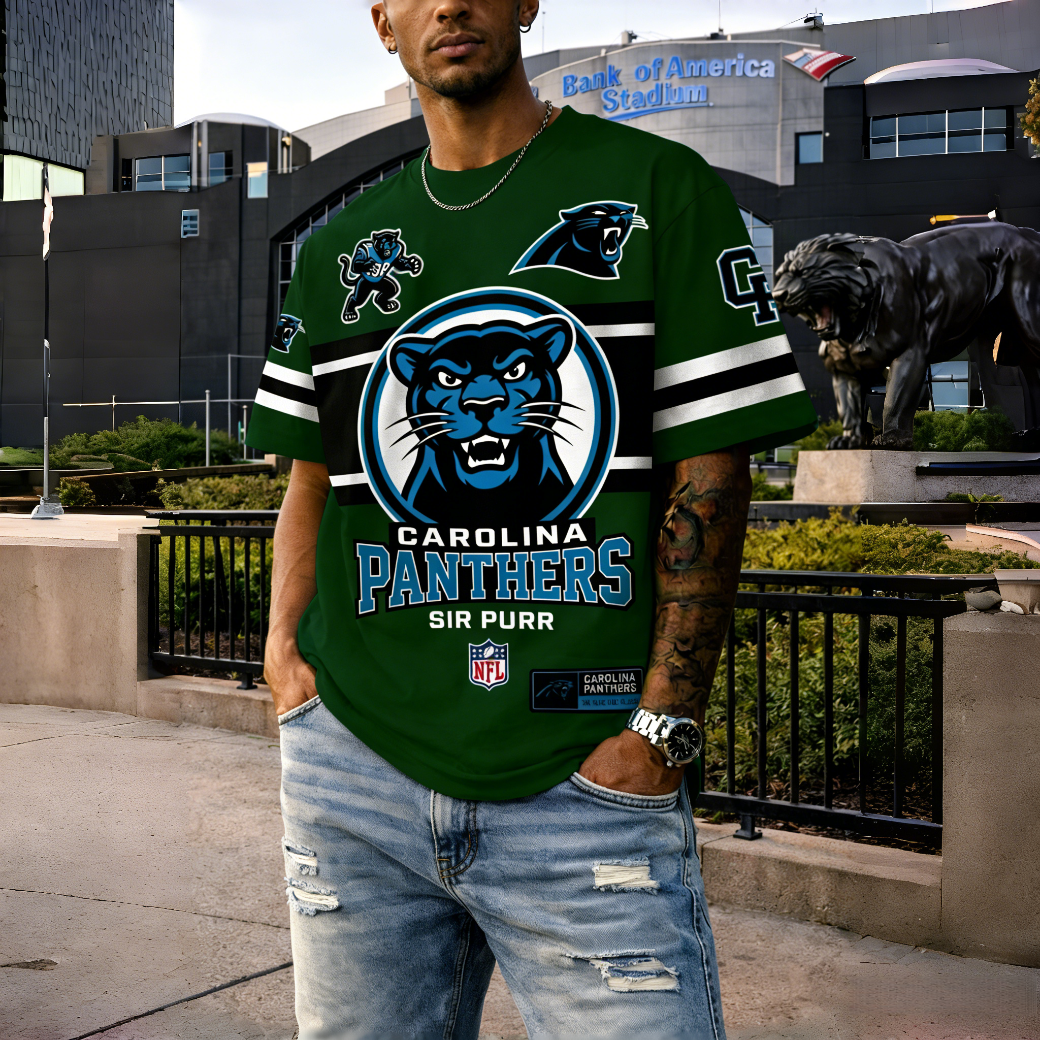 T-shirts featuring the NFL team "Carolina Panthers" and their mascot "Sir Purr"