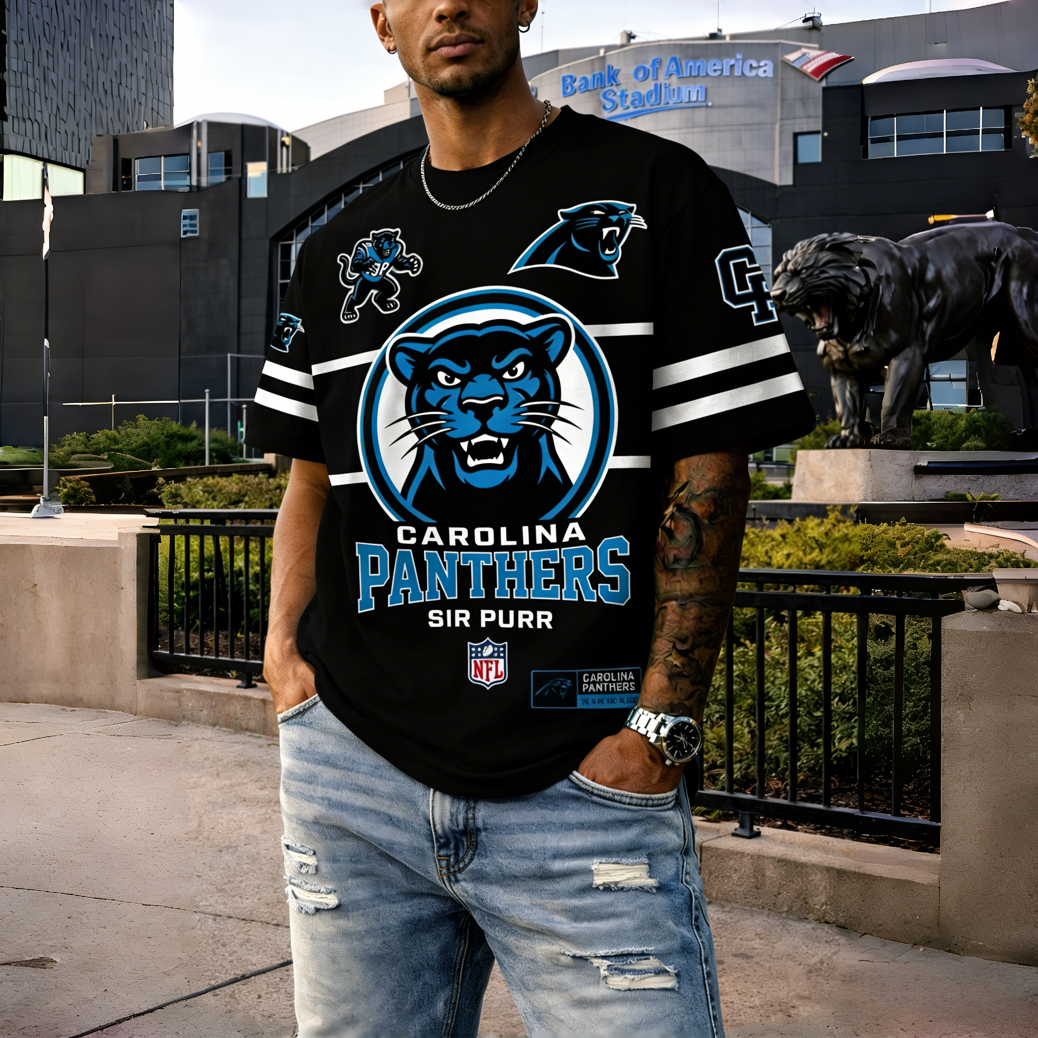 T-shirts featuring the NFL team "Carolina Panthers" and their mascot "Sir Purr"