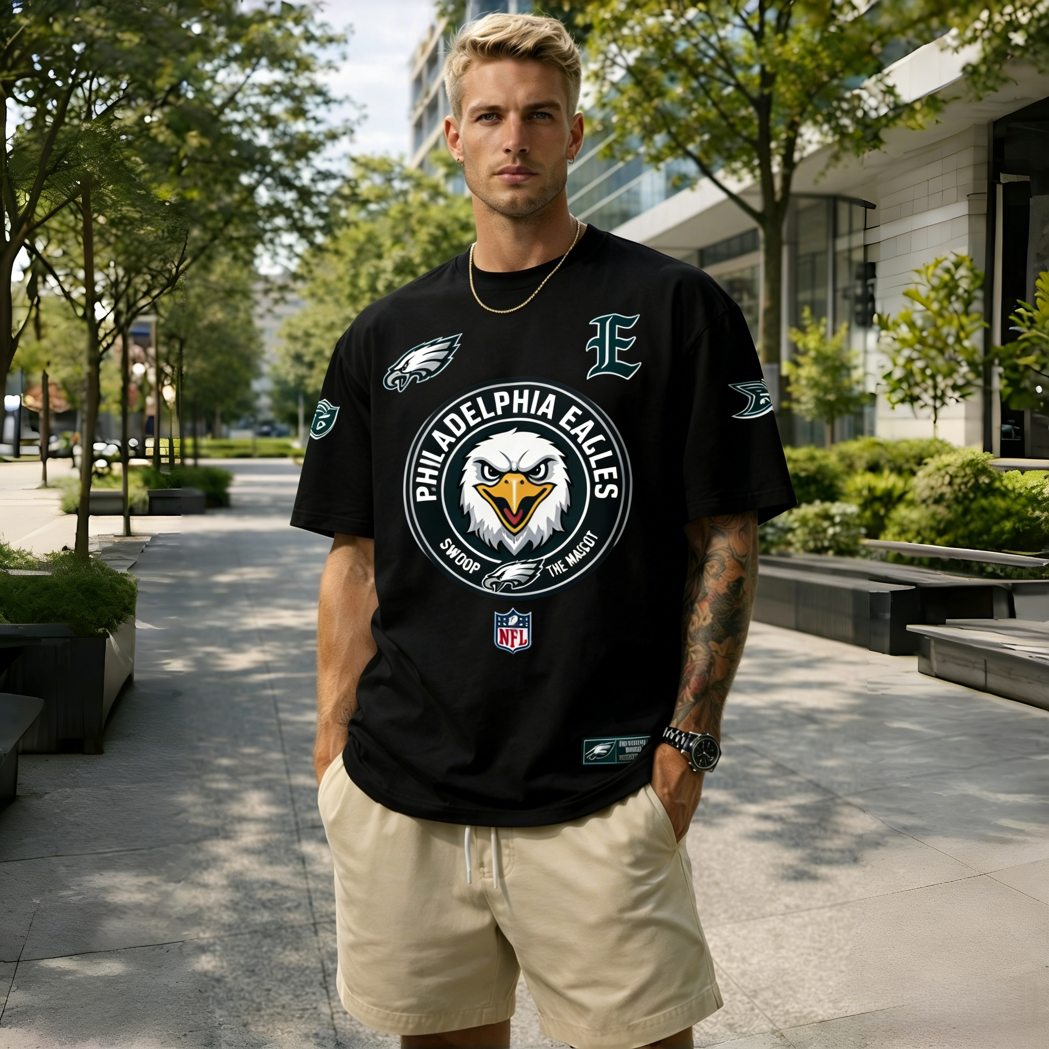T-shirts featuring the NFL team "Philadelphia Eagles" and their mascot "Swoop"