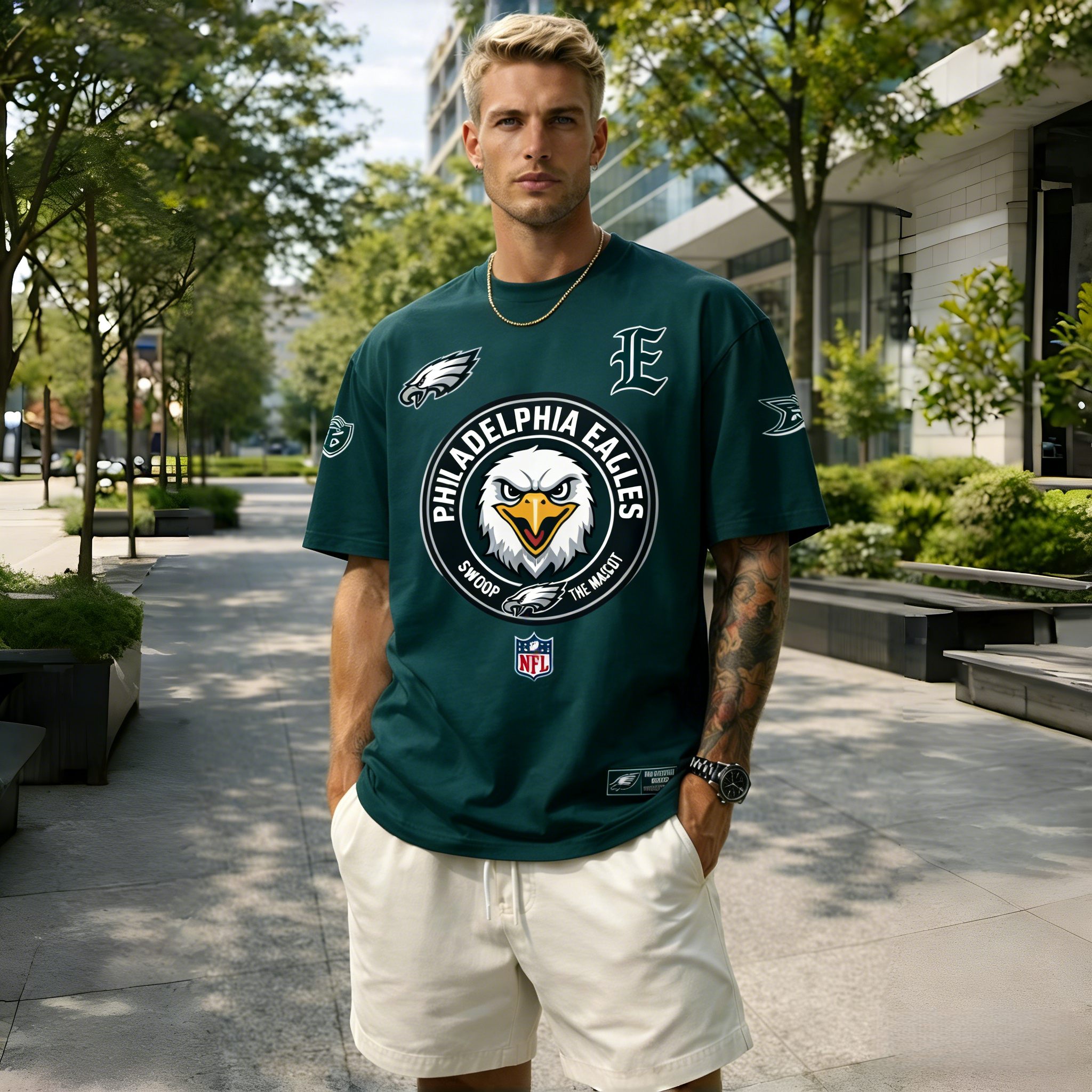 T-shirts featuring the NFL team "Philadelphia Eagles" and their mascot "Swoop"