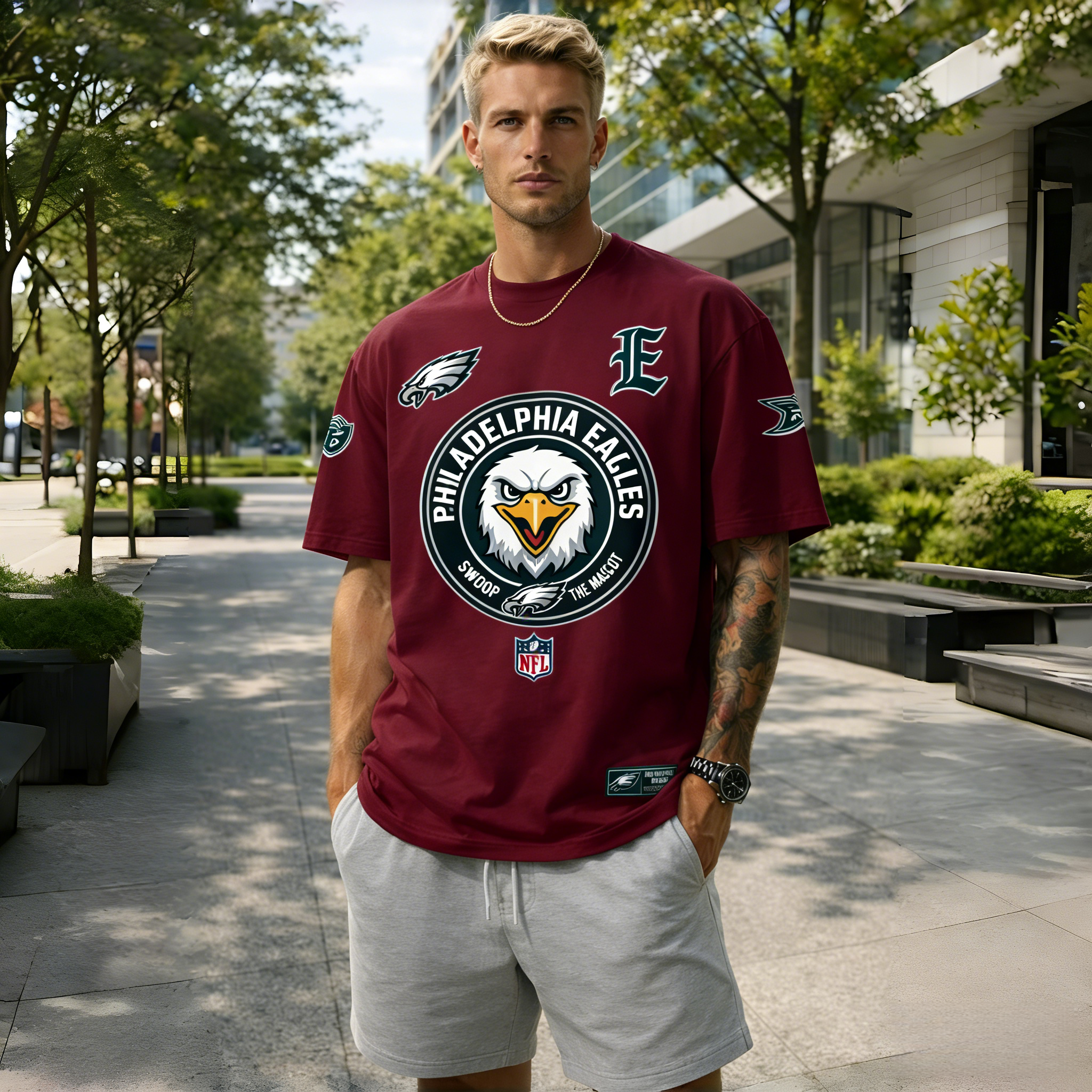 T-shirts featuring the NFL team "Philadelphia Eagles" and their mascot "Swoop"