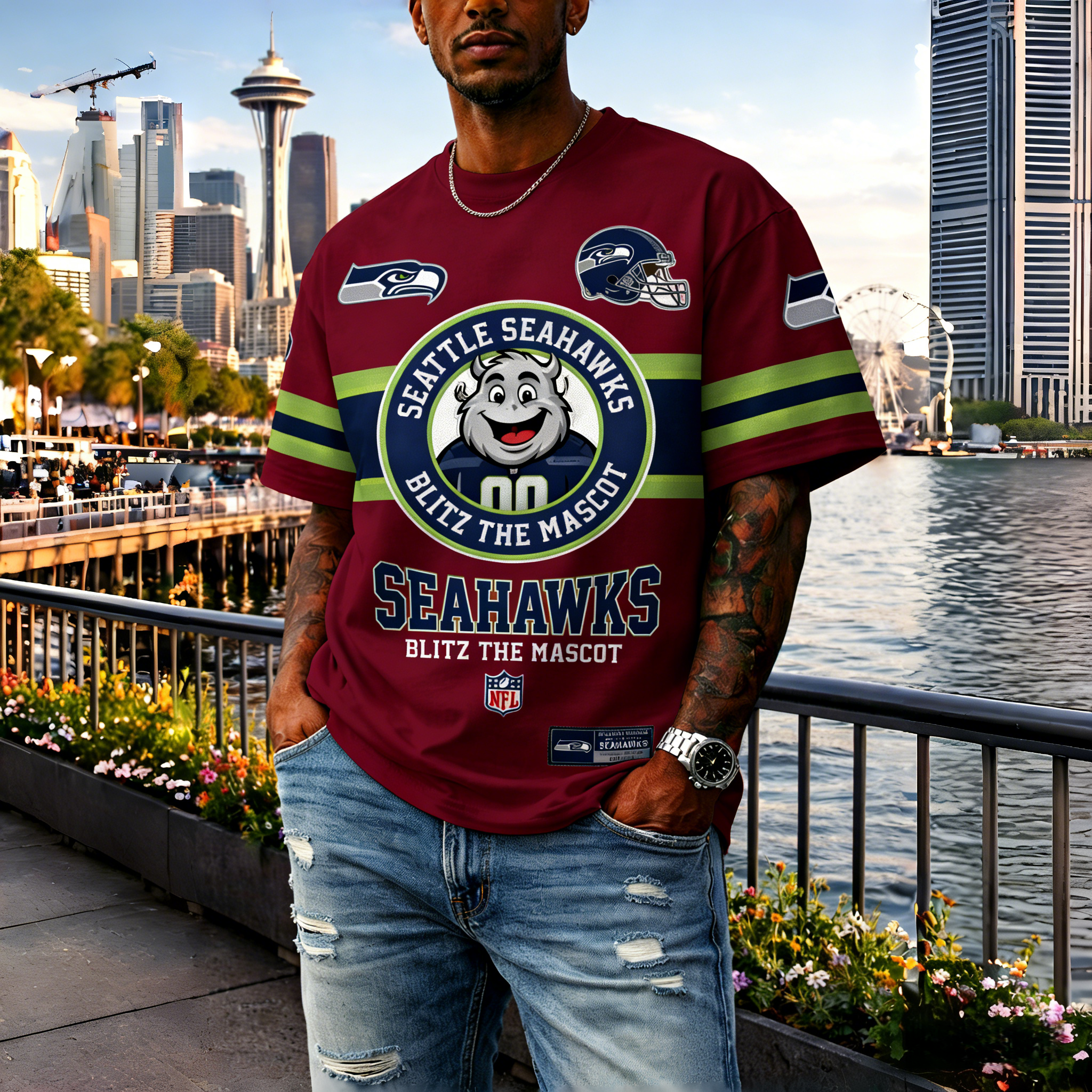 T-shirts featuring the NFL team "Seattle Seahawks" and their mascot "Blitz"