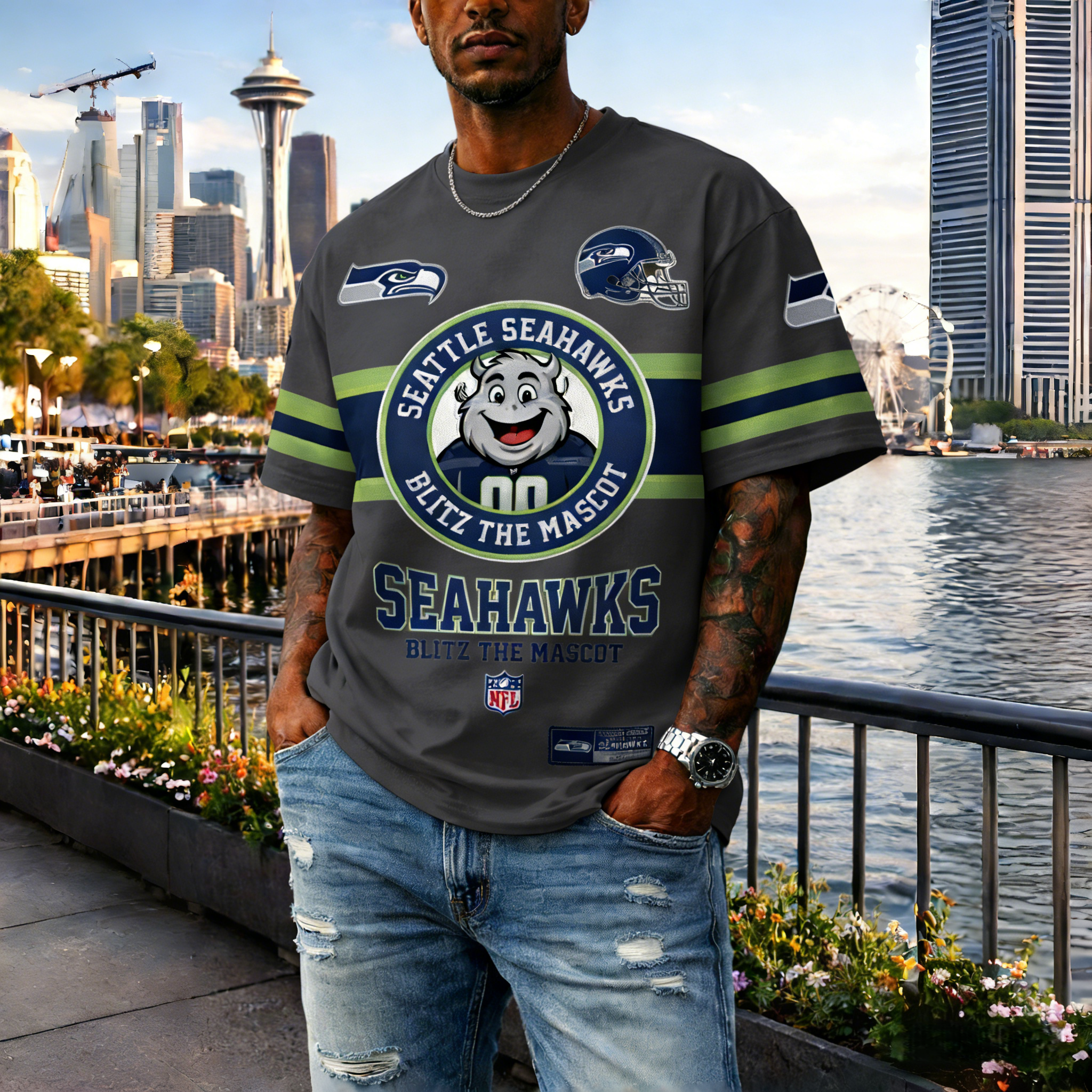 T-shirts featuring the NFL team "Seattle Seahawks" and their mascot "Blitz"