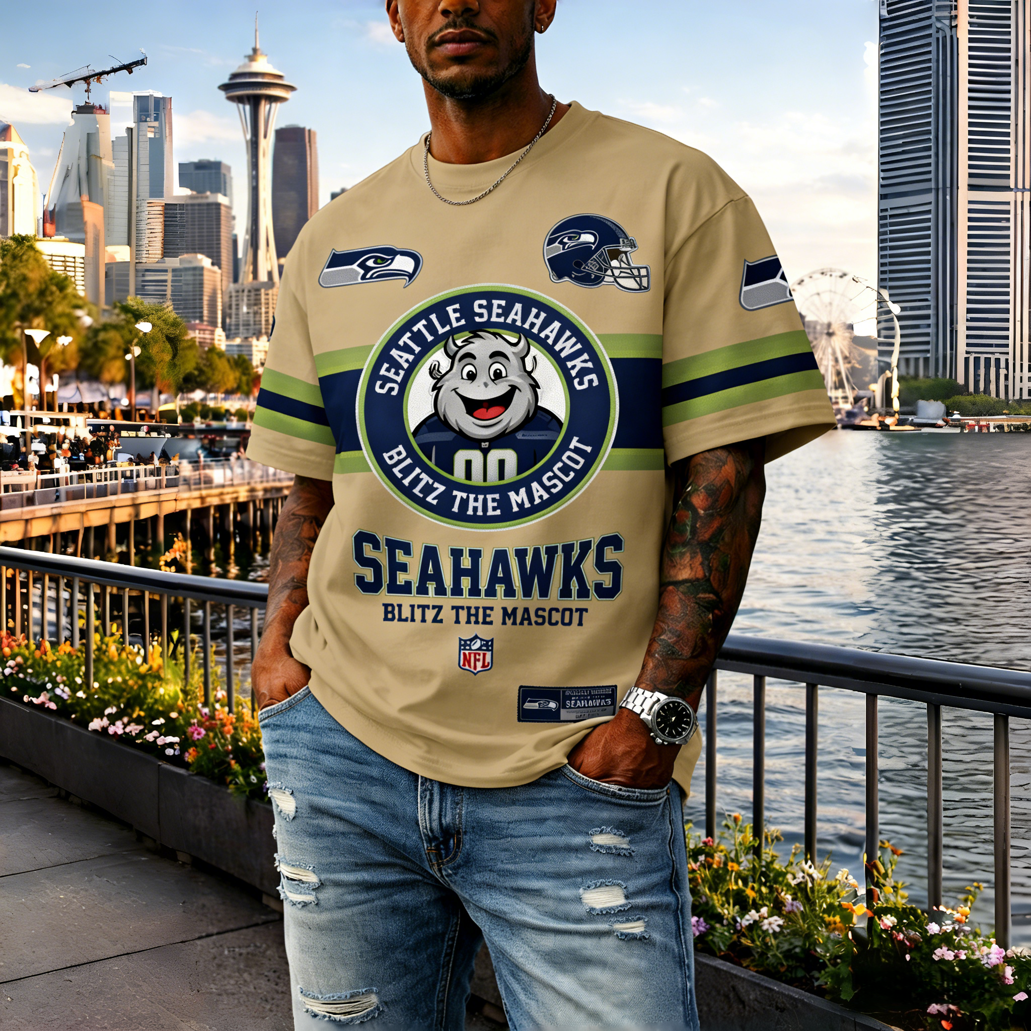 T-shirts featuring the NFL team "Seattle Seahawks" and their mascot "Blitz"