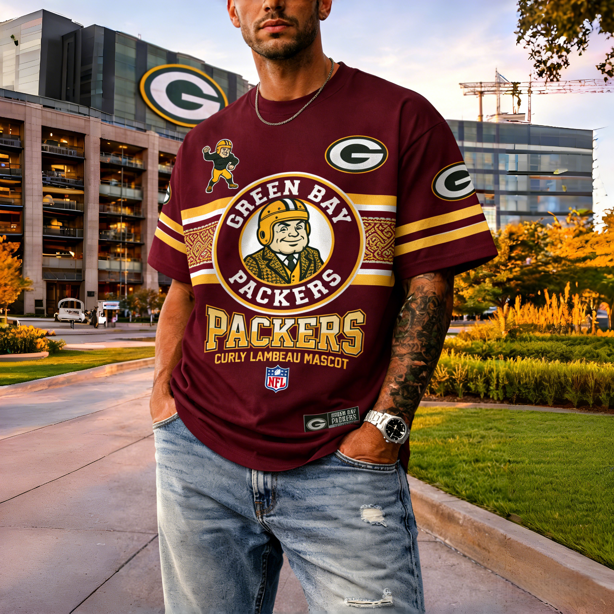 T-shirts featuring the NFL team "Green Bay Packers" and their mascot "Curly Lambeau Mascot"