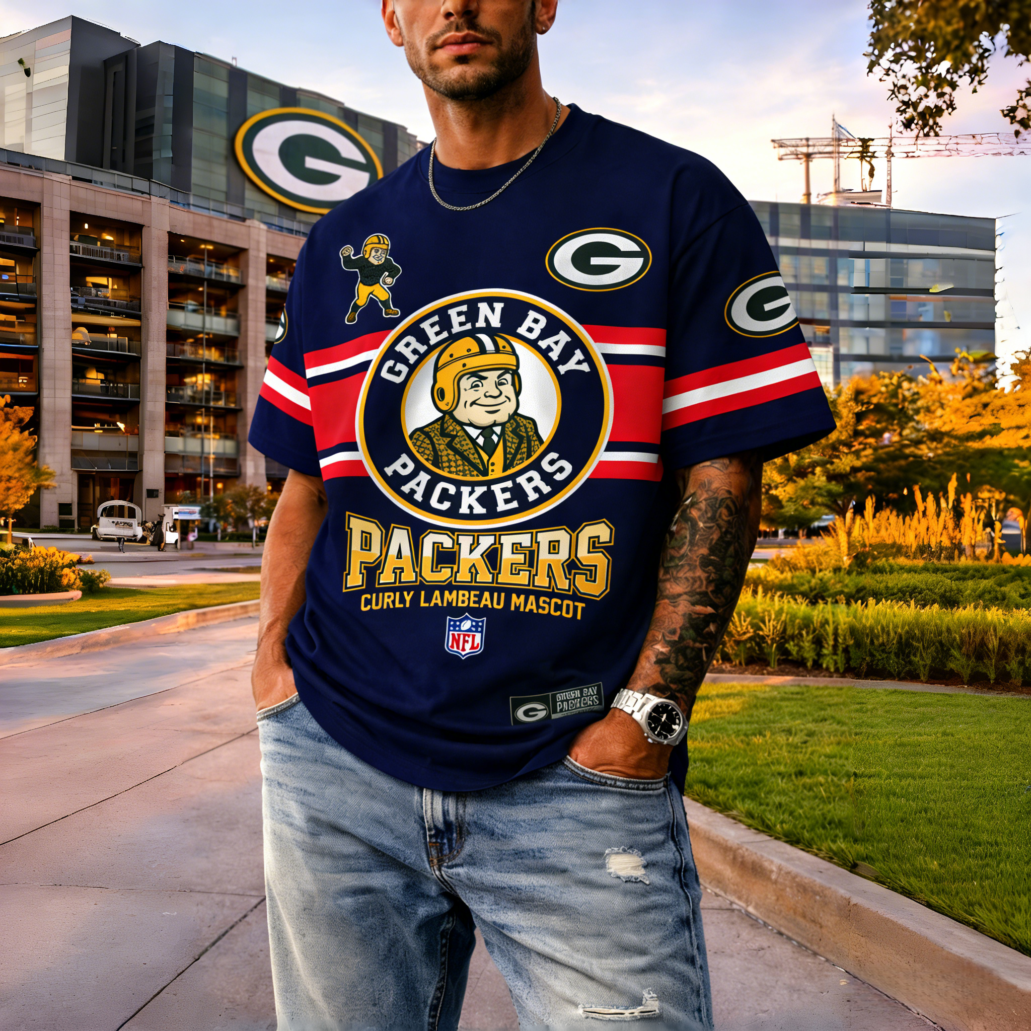 T-shirts featuring the NFL team "Green Bay Packers" and their mascot "Curly Lambeau Mascot"