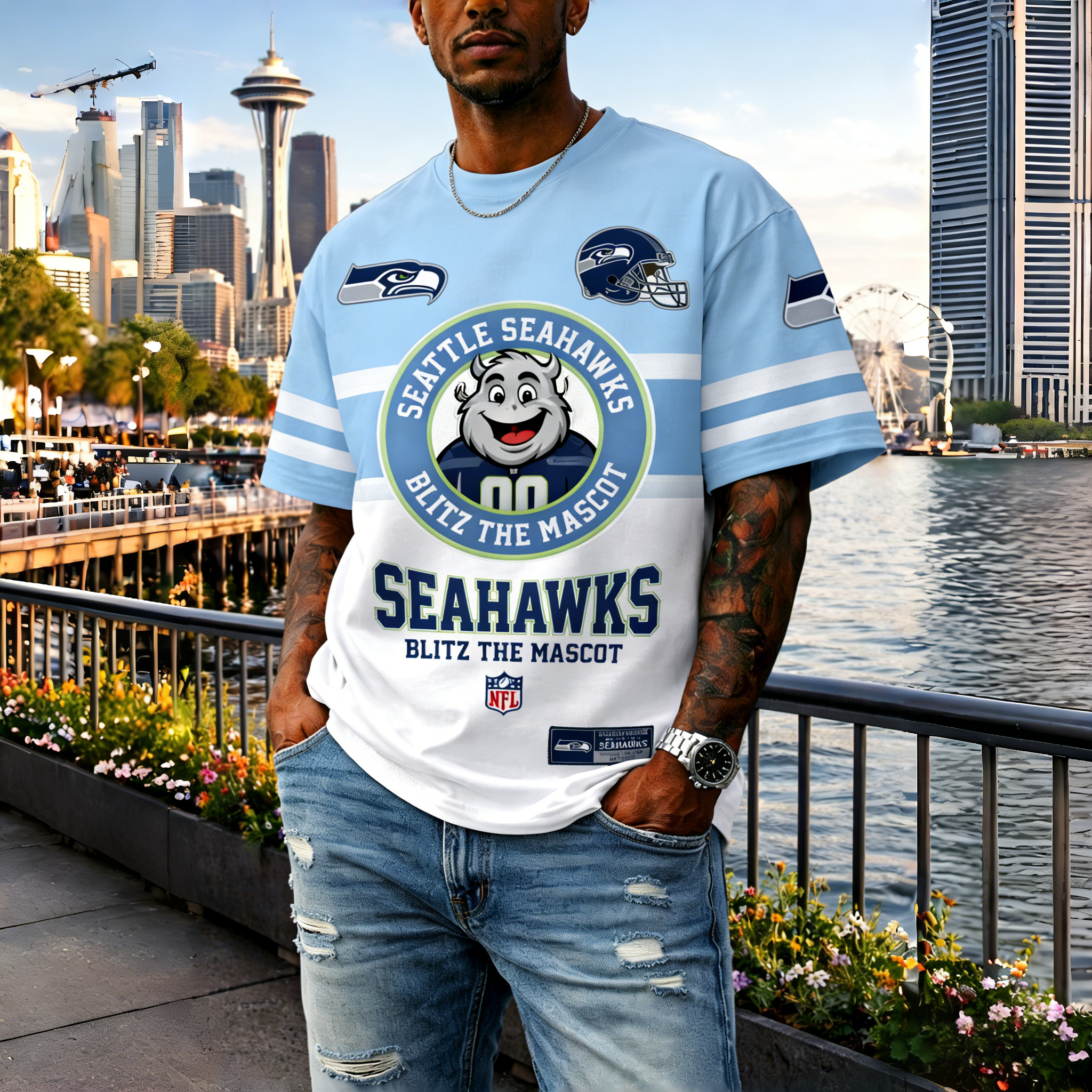 T-shirts featuring the NFL team "Seattle Seahawks" and their mascot "Blitz"