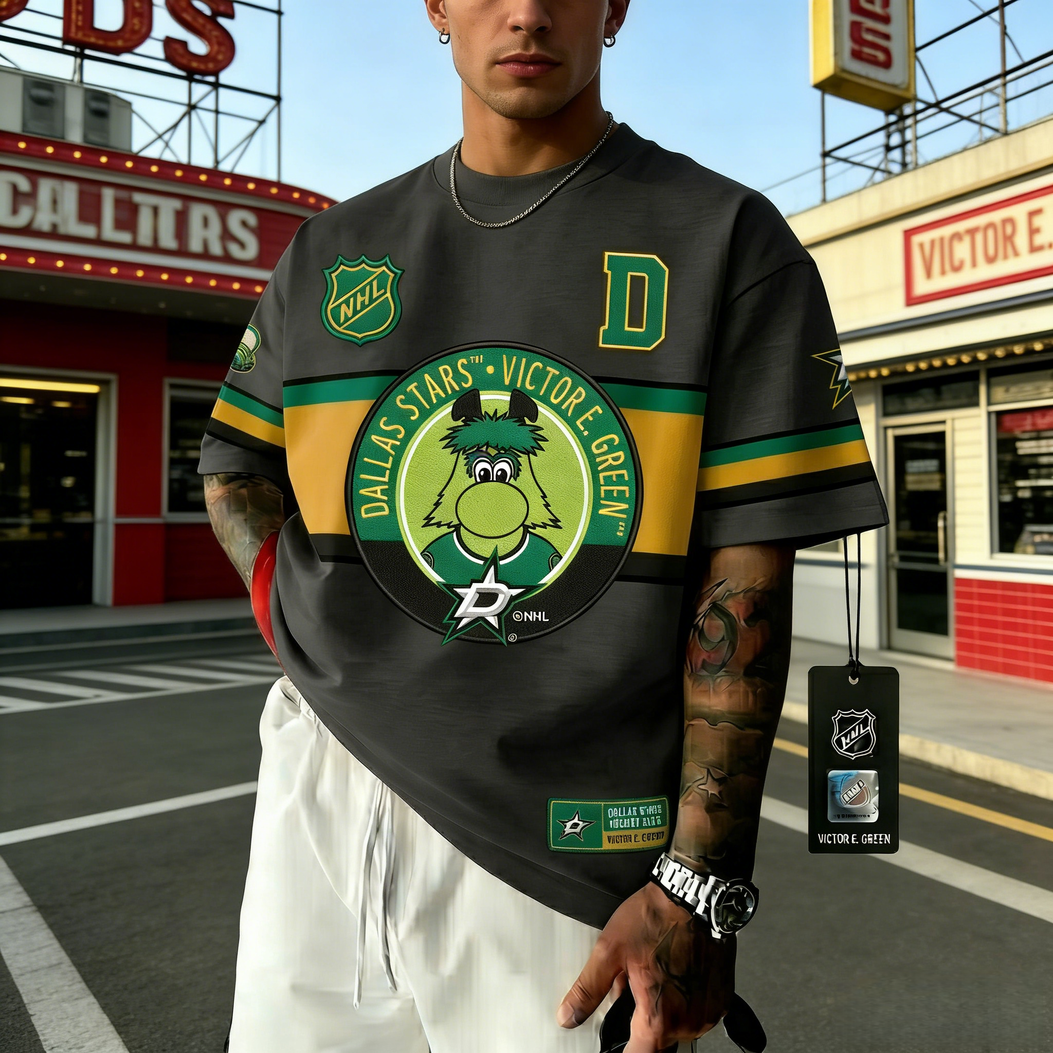 T-shirts featuring the NHL team "Dallas Stars" and their mascot "Victory"