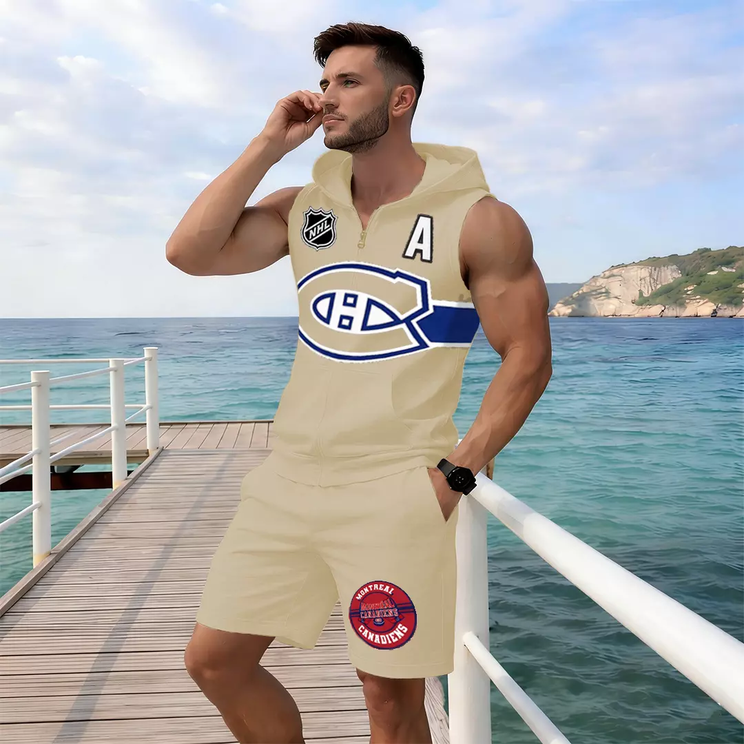 Men's "Montreal Canadaniens" printed sleeveless hoodie and shorts two-piece set; "Montreal Canadaniens" zip-up hooded vest and drawstring shorts; summer casual fitness sportswear streetwear breathable and lightweight sports casual set.