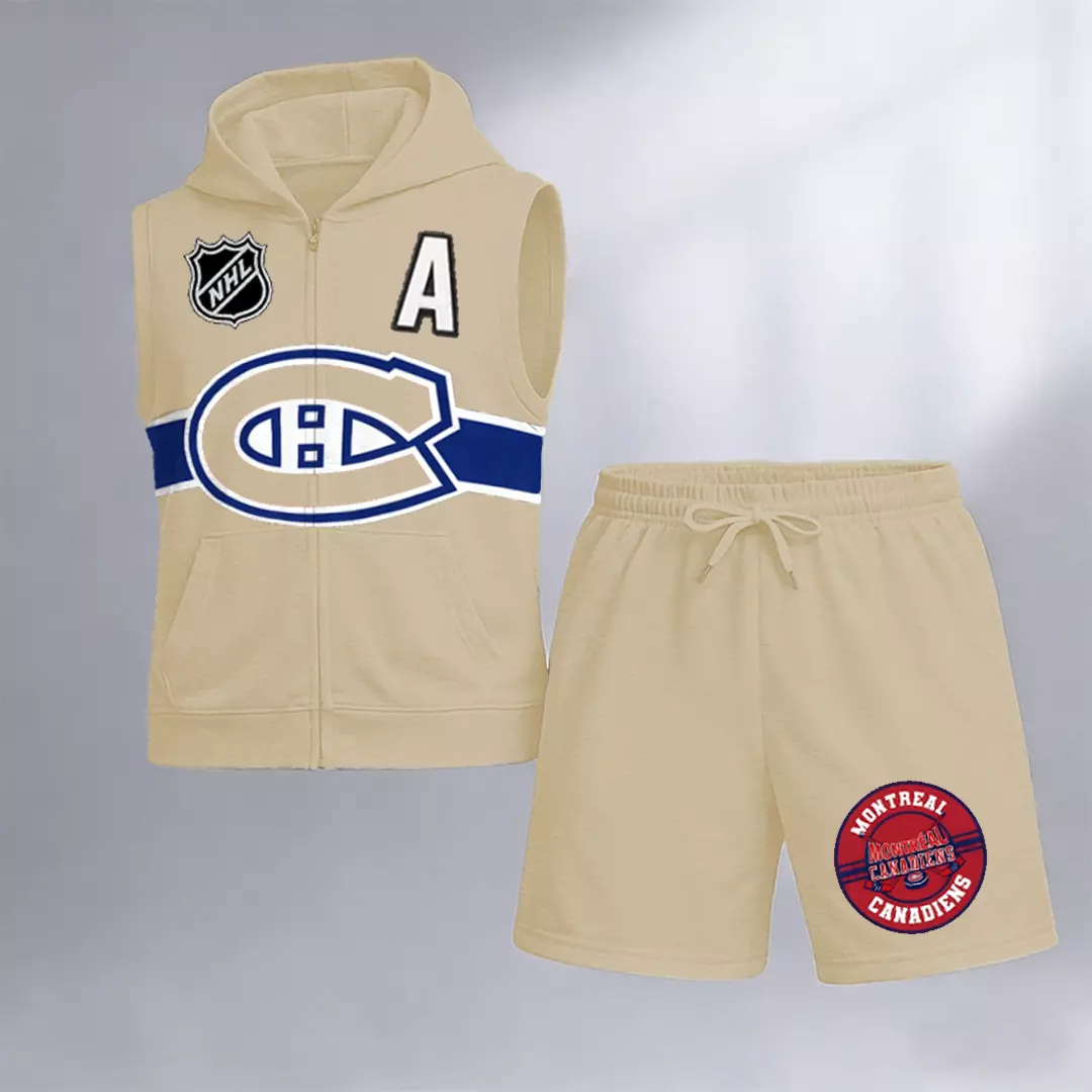 Men's "Montreal Canadaniens" printed sleeveless hoodie and shorts two-piece set; "Montreal Canadaniens" zip-up hooded vest and drawstring shorts; summer casual fitness sportswear streetwear breathable and lightweight sports casual set.