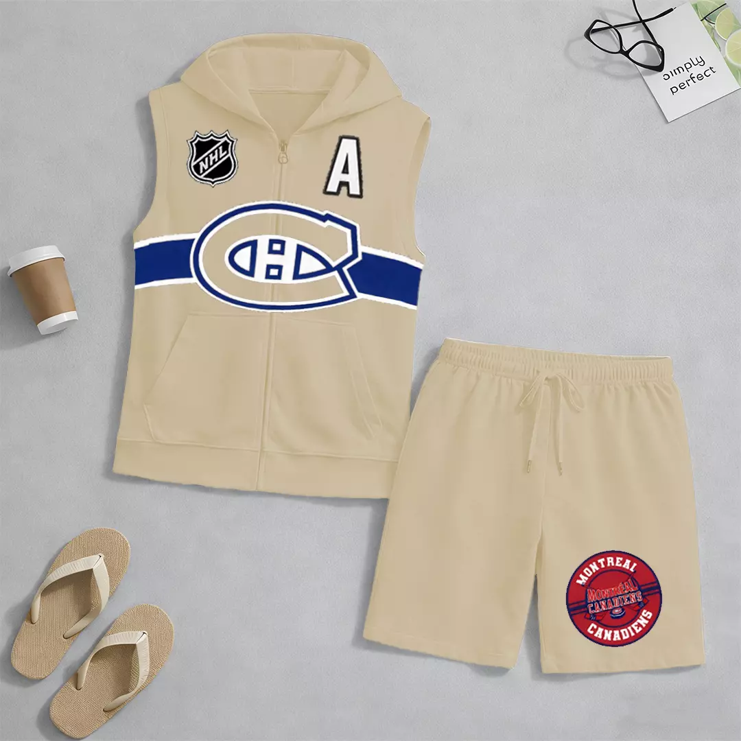 Men's "Montreal Canadaniens" printed sleeveless hoodie and shorts two-piece set; "Montreal Canadaniens" zip-up hooded vest and drawstring shorts; summer casual fitness sportswear streetwear breathable and lightweight sports casual set.