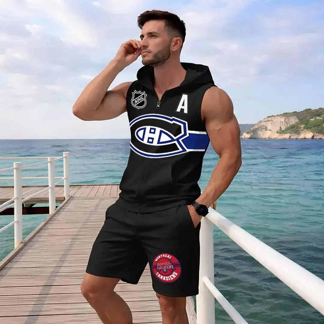 Men's "Montreal Canadaniens" printed sleeveless hoodie and shorts two-piece set; "Montreal Canadaniens" zip-up hooded vest and drawstring shorts; summer casual fitness sportswear streetwear breathable and lightweight sports casual set.