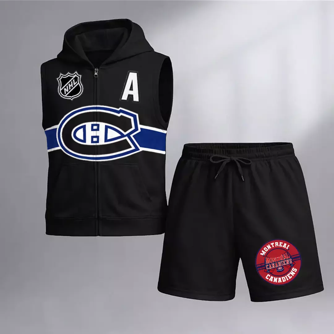 Men's "Montreal Canadaniens" printed sleeveless hoodie and shorts two-piece set; "Montreal Canadaniens" zip-up hooded vest and drawstring shorts; summer casual fitness sportswear streetwear breathable and lightweight sports casual set.
