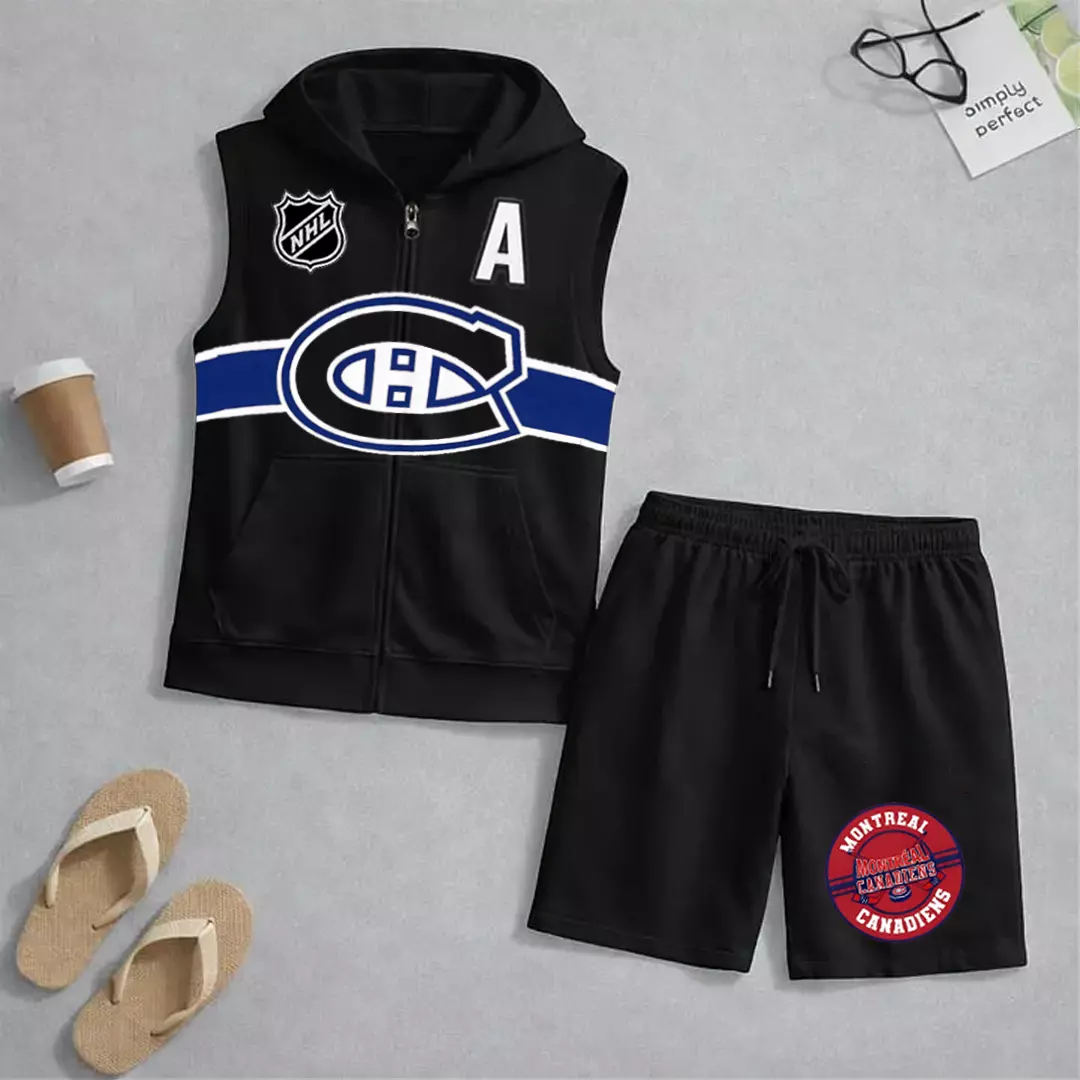 Men's "Montreal Canadaniens" printed sleeveless hoodie and shorts two-piece set; "Montreal Canadaniens" zip-up hooded vest and drawstring shorts; summer casual fitness sportswear streetwear breathable and lightweight sports casual set.