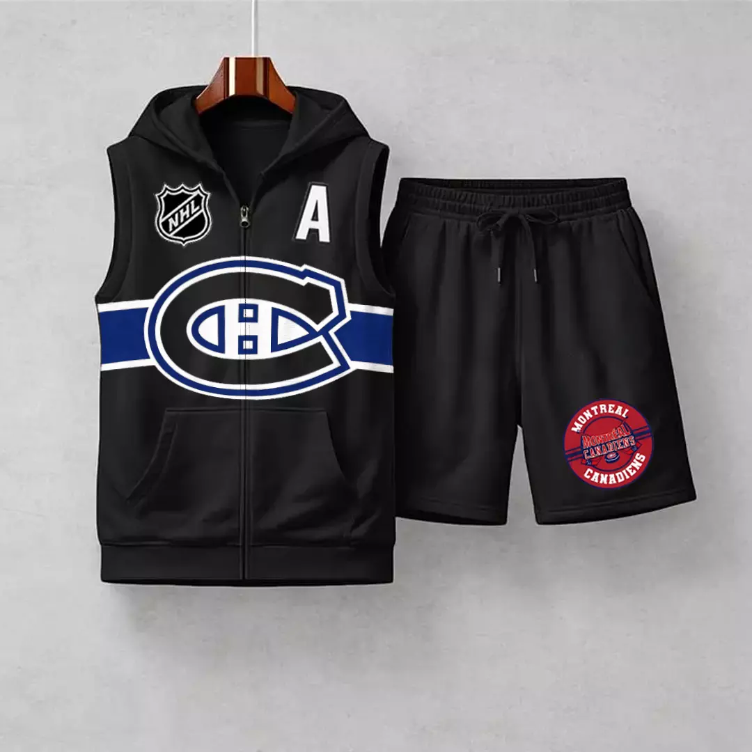Men's "Montreal Canadaniens" printed sleeveless hoodie and shorts two-piece set; "Montreal Canadaniens" zip-up hooded vest and drawstring shorts; summer casual fitness sportswear streetwear breathable and lightweight sports casual set.