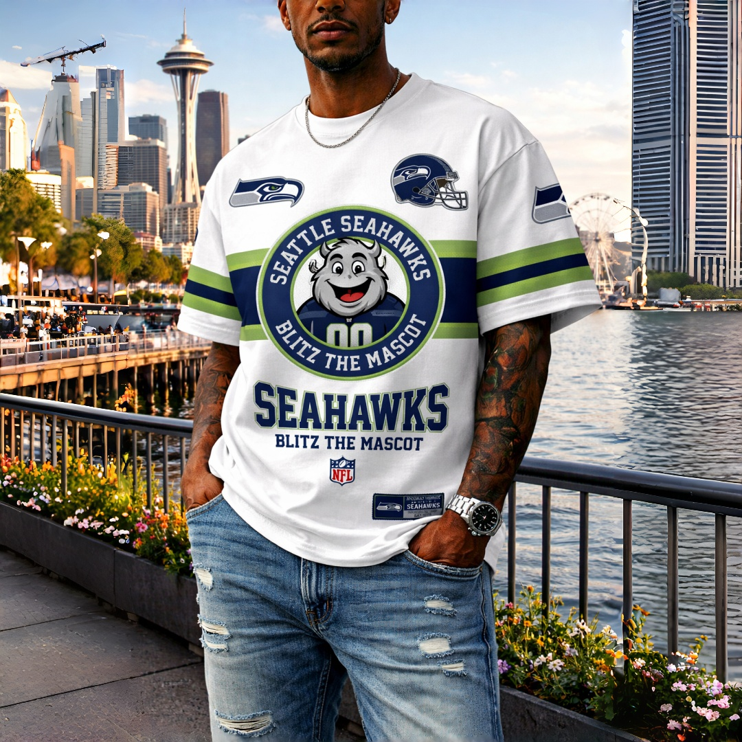 T-shirts featuring the NFL team "Seattle Seahawks" and their mascot "Blitz"
