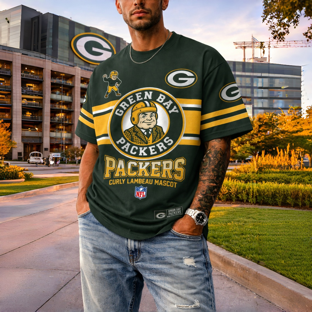 T-shirts featuring the NFL team "Green Bay Packers" and their mascot "Curly Lambeau Mascot"