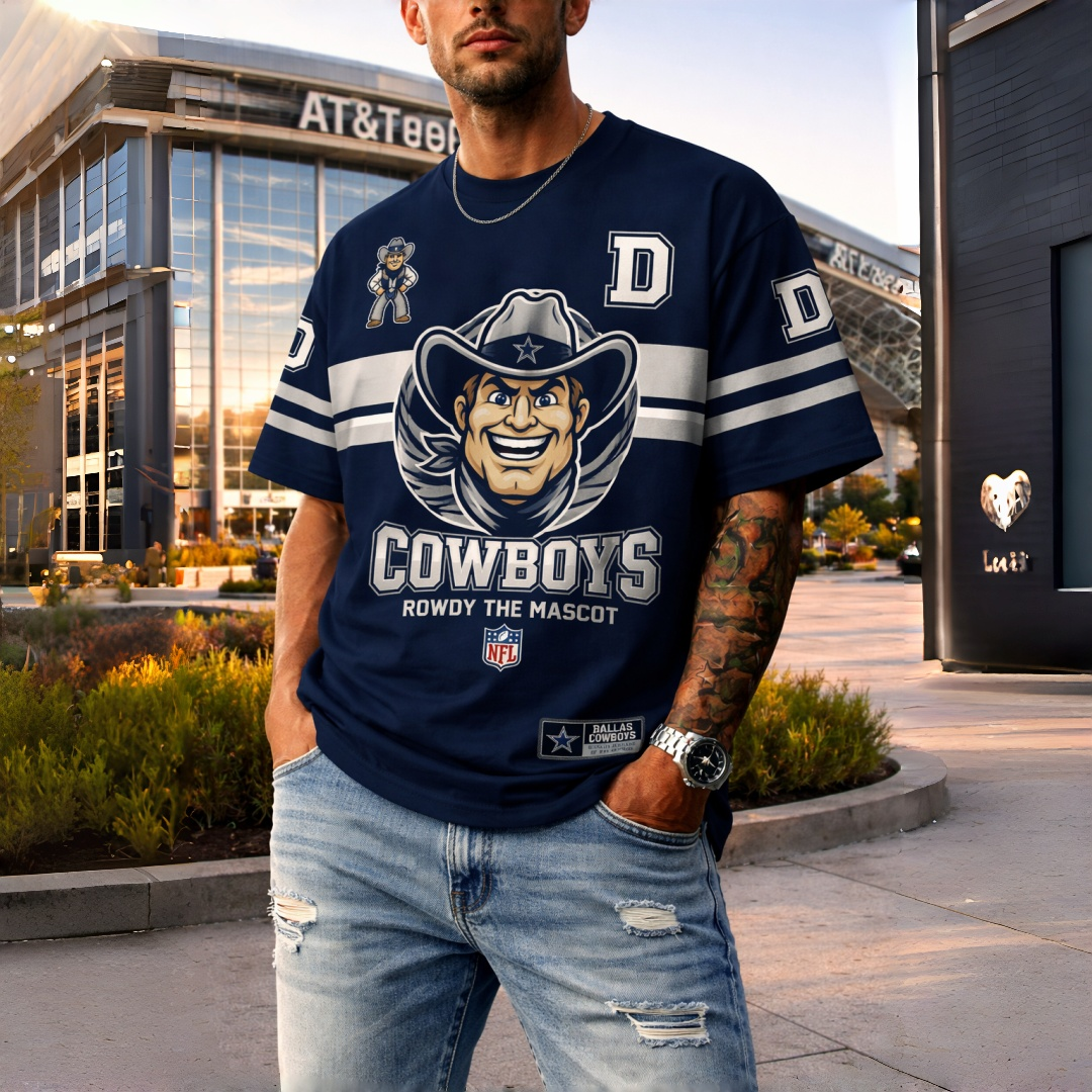 T-shirts featuring the NFL team "Dallas Cowboys" and their mascot "Rowdy"