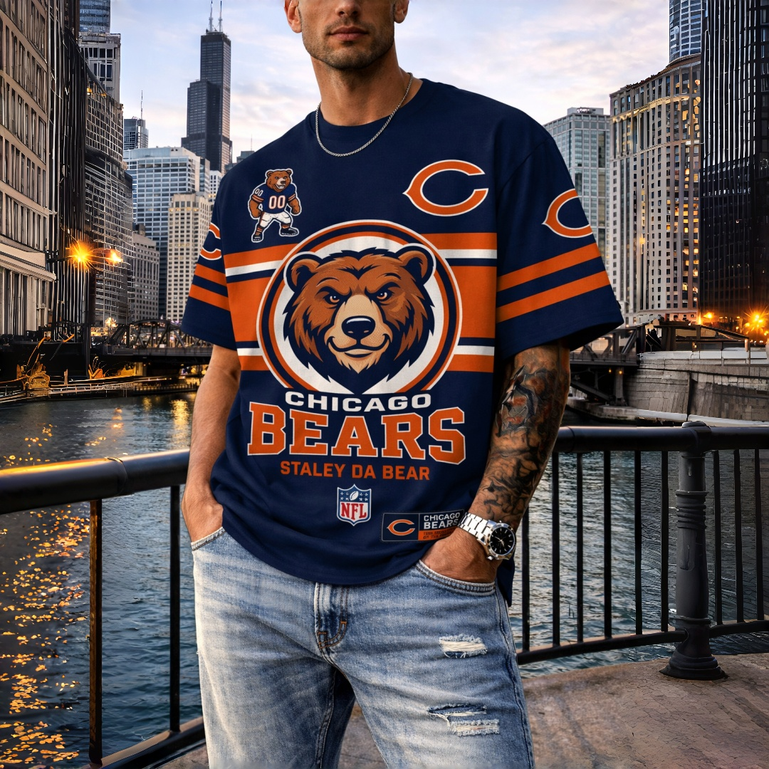 T-shirts featuring the NFL team "Chicago Bears" and their mascot "Staley Da Bear"
