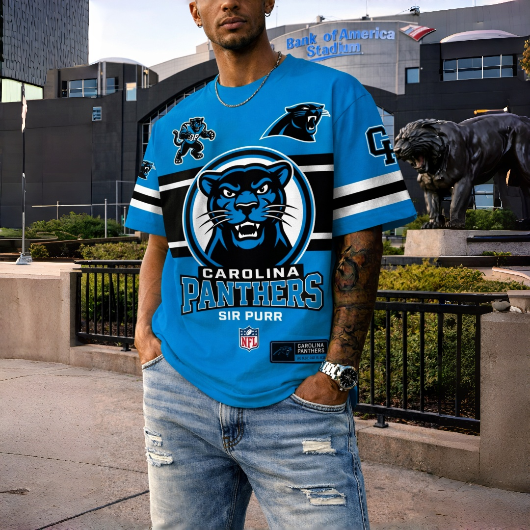 T-shirts featuring the NFL team "Carolina Panthers" and their mascot "Sir Purr"
