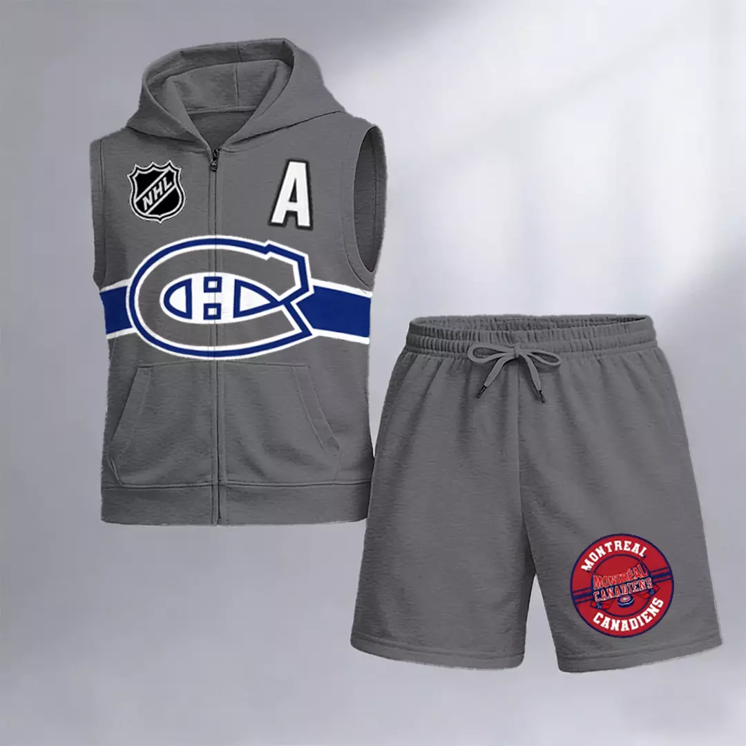 Men's "Montreal Canadaniens" printed sleeveless hoodie and shorts two-piece set; "Montreal Canadaniens" zip-up hooded vest and drawstring shorts; summer casual fitness sportswear streetwear breathable and lightweight sports casual set.