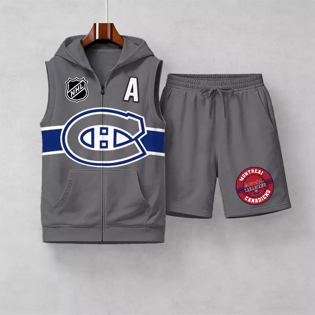 Men's "Montreal Canadaniens" printed sleeveless hoodie and shorts two-piece set; "Montreal Canadaniens" zip-up hooded vest and drawstring shorts; summer casual fitness sportswear streetwear breathable and lightweight sports casual set.