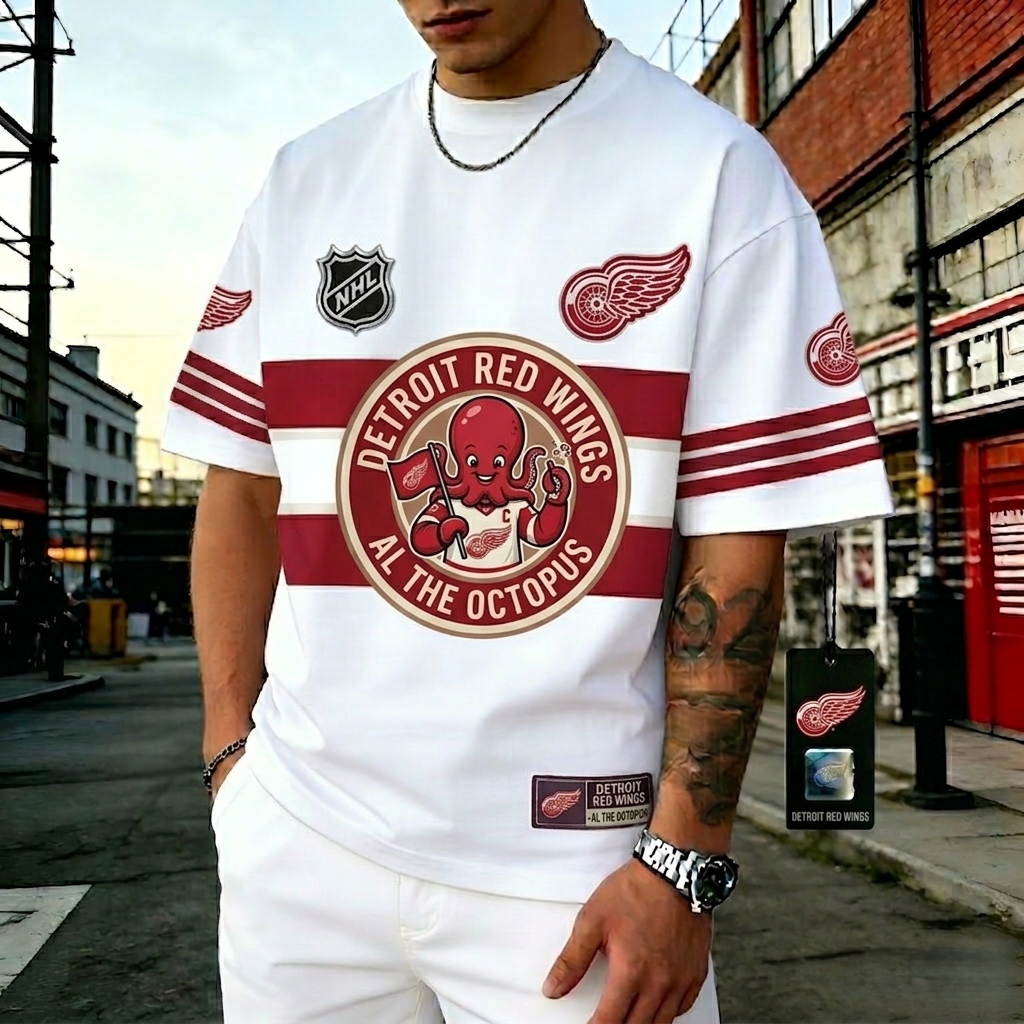 T-shirts featuring the NHL team "Detroit Red Wings" and their mascot "Al the Octopus"