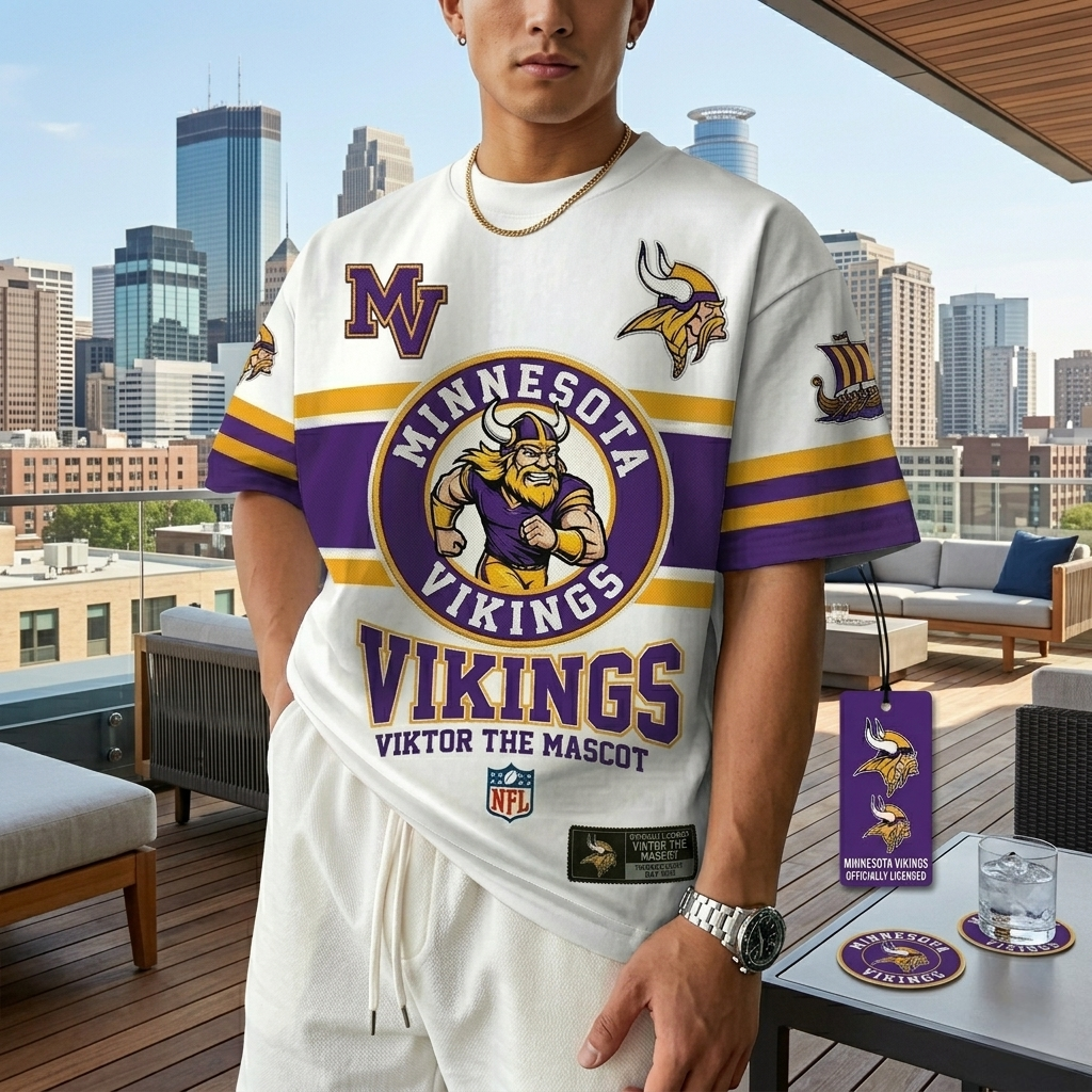 T-shirts featuring the NFL team “Minnesota Vikings” and their mascot “Viktor”