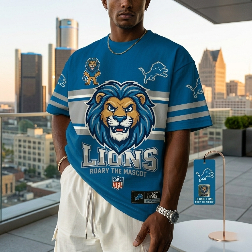 T-shirts featuring the NFL team "Detroit Lions" and their mascot "Roary"