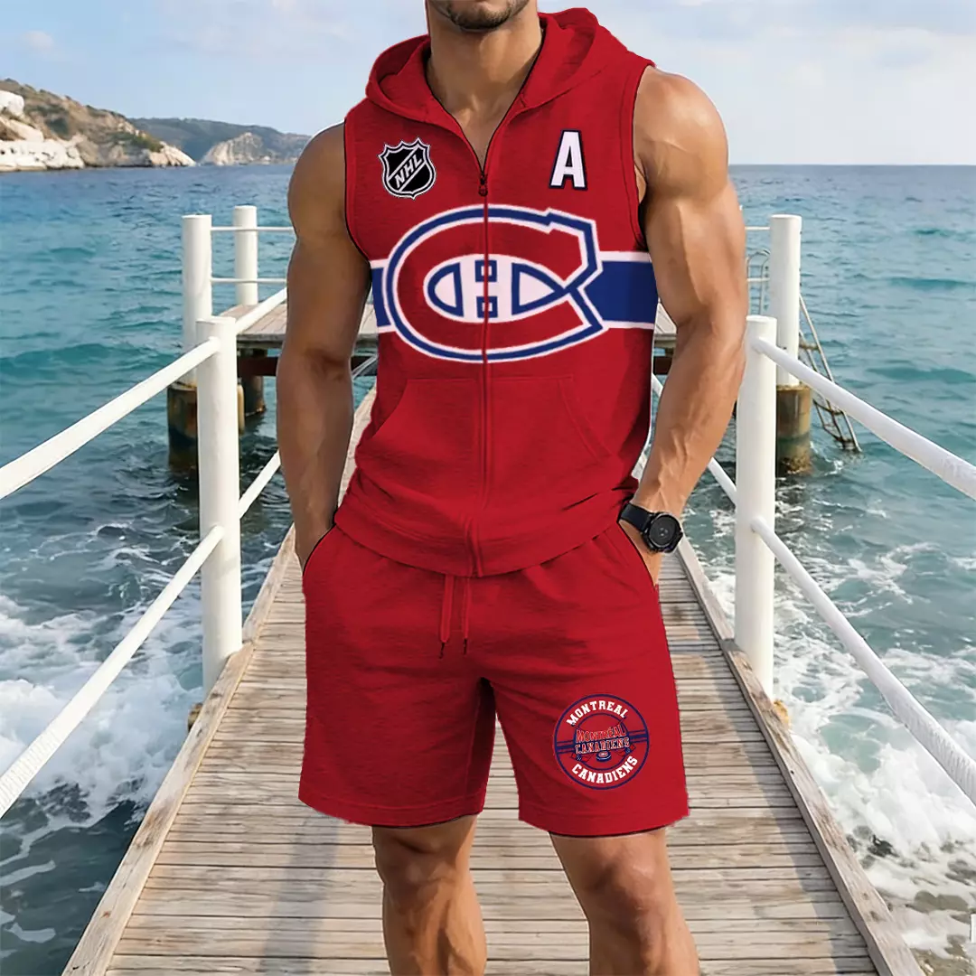 Men's "Montreal Canadaniens" printed sleeveless hoodie and shorts two-piece set; "Montreal Canadaniens" zip-up hooded vest and drawstring shorts; summer casual fitness sportswear streetwear breathable and lightweight sports casual set.