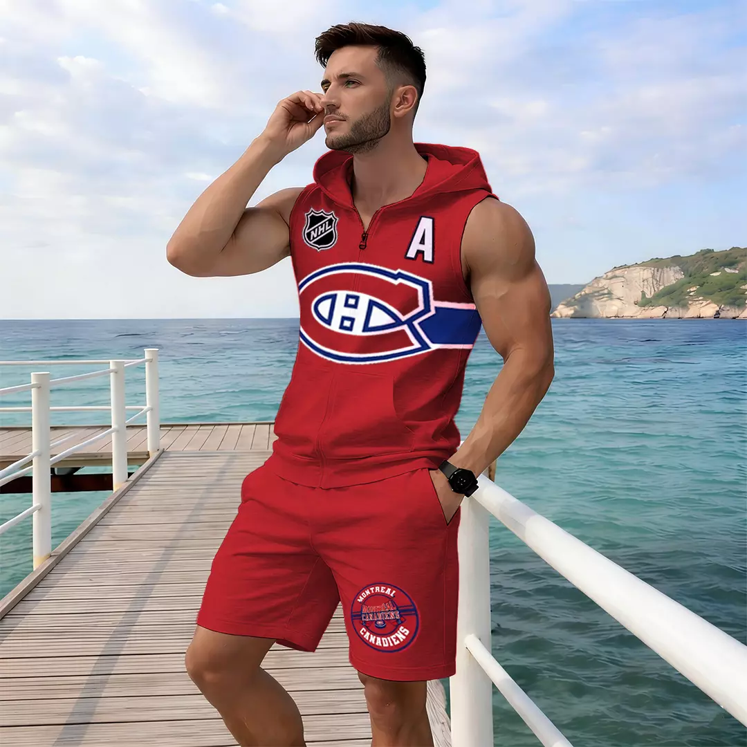 Men's "Montreal Canadaniens" printed sleeveless hoodie and shorts two-piece set; "Montreal Canadaniens" zip-up hooded vest and drawstring shorts; summer casual fitness sportswear streetwear breathable and lightweight sports casual set.