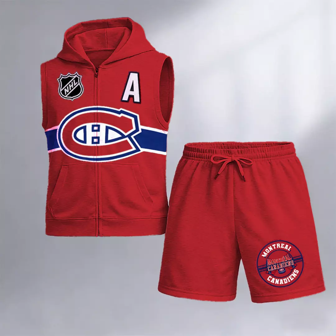 Men's "Montreal Canadaniens" printed sleeveless hoodie and shorts two-piece set; "Montreal Canadaniens" zip-up hooded vest and drawstring shorts; summer casual fitness sportswear streetwear breathable and lightweight sports casual set.