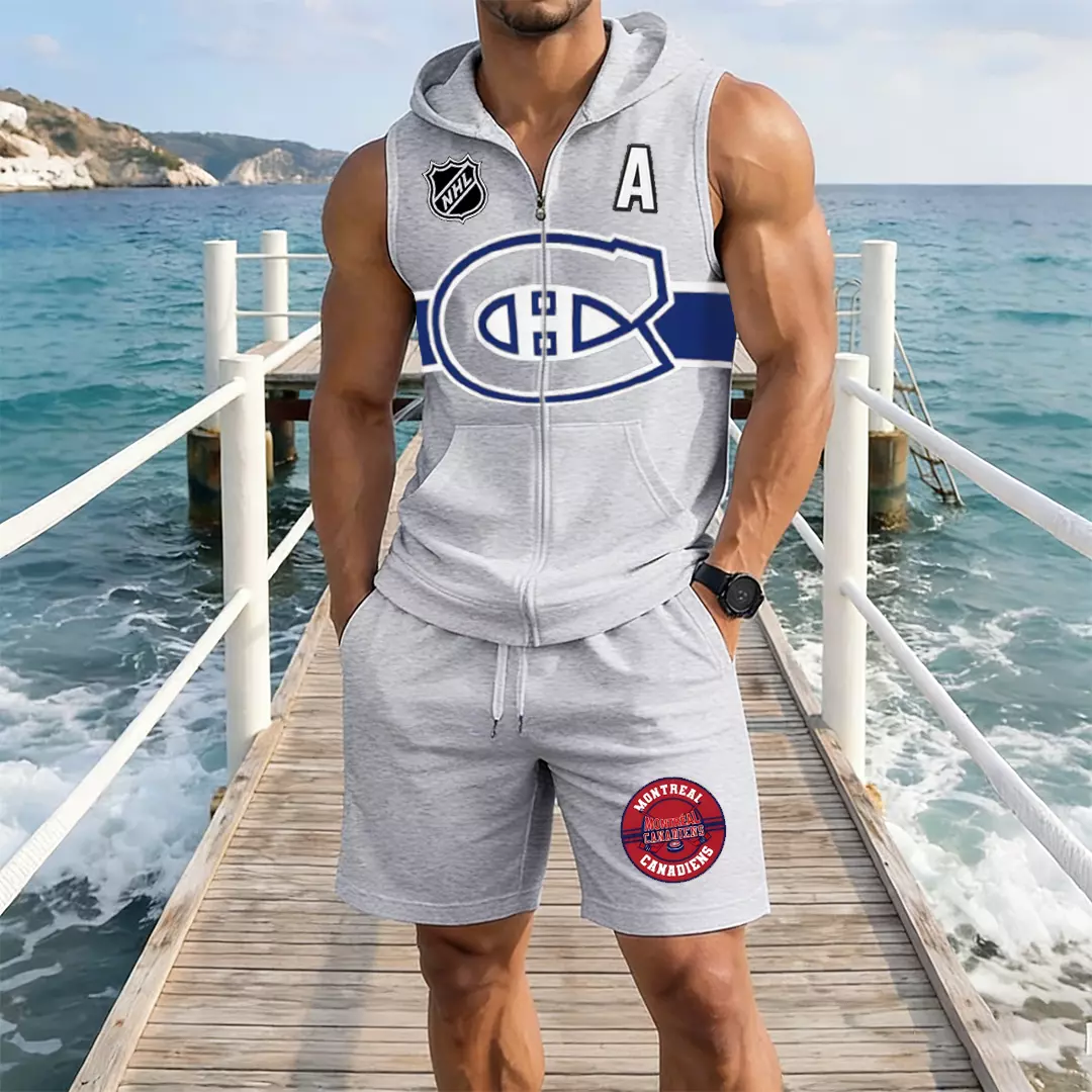 Men's "Montreal Canadaniens" printed sleeveless hoodie and shorts two-piece set; "Montreal Canadaniens" zip-up hooded vest and drawstring shorts; summer casual fitness sportswear streetwear breathable and lightweight sports casual set.