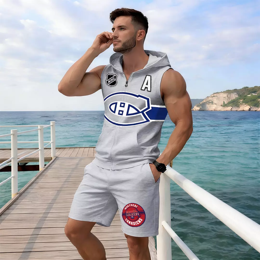 Men's "Montreal Canadaniens" printed sleeveless hoodie and shorts two-piece set; "Montreal Canadaniens" zip-up hooded vest and drawstring shorts; summer casual fitness sportswear streetwear breathable and lightweight sports casual set.