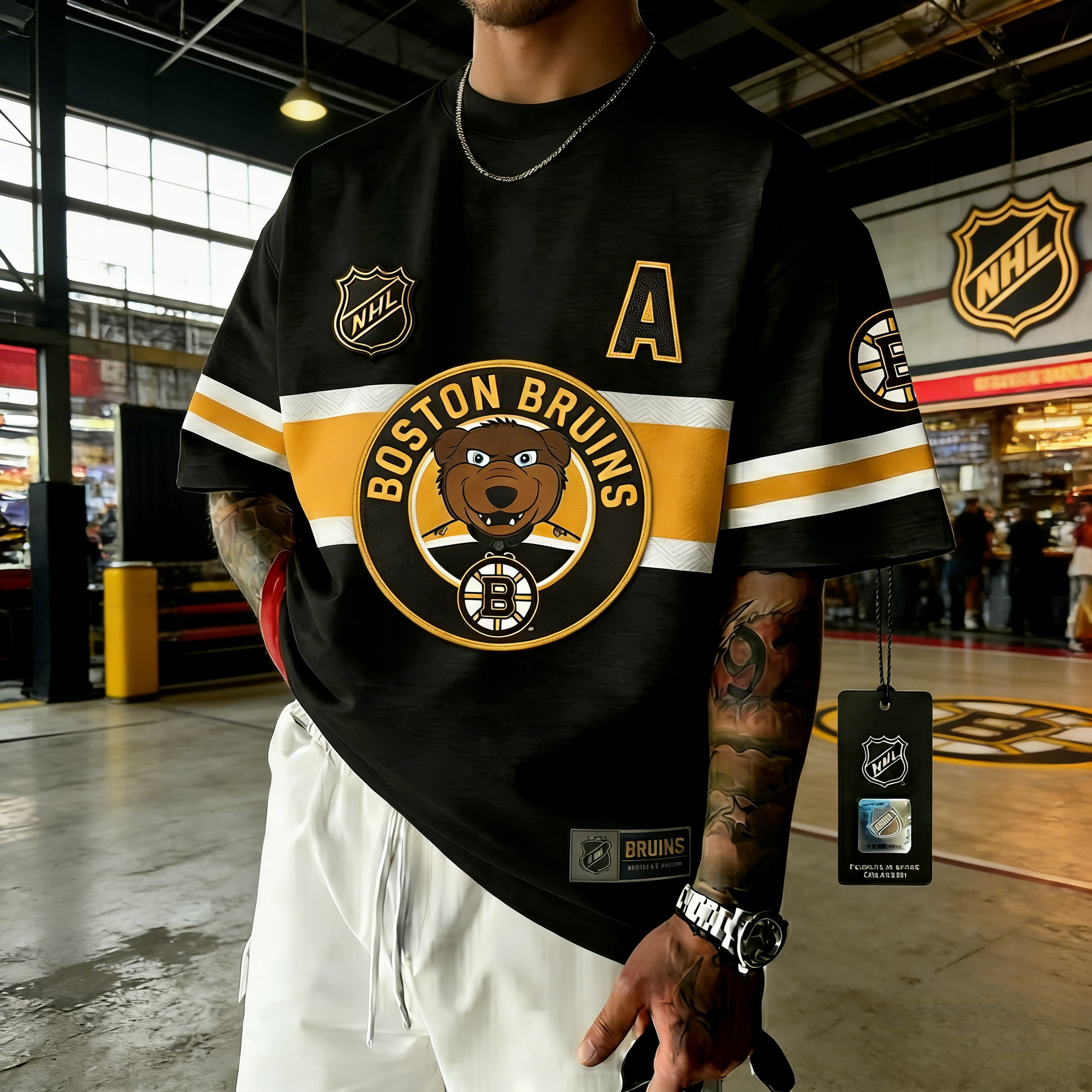 T-shirts featuring the NHL team "Boston Bruins" and their mascot "Blades the Bruin"