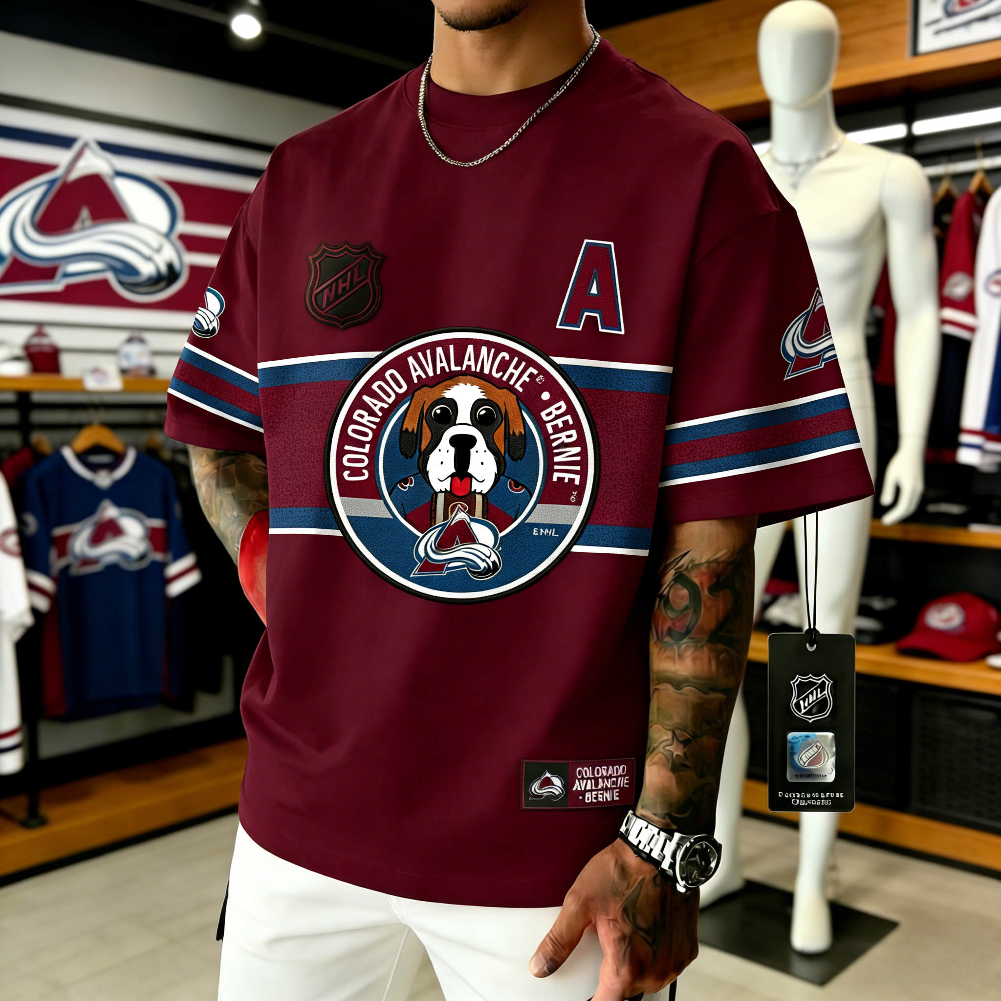 T-shirts featuring the NHL team "Colorado Avalanche" and its mascot "Bernie"