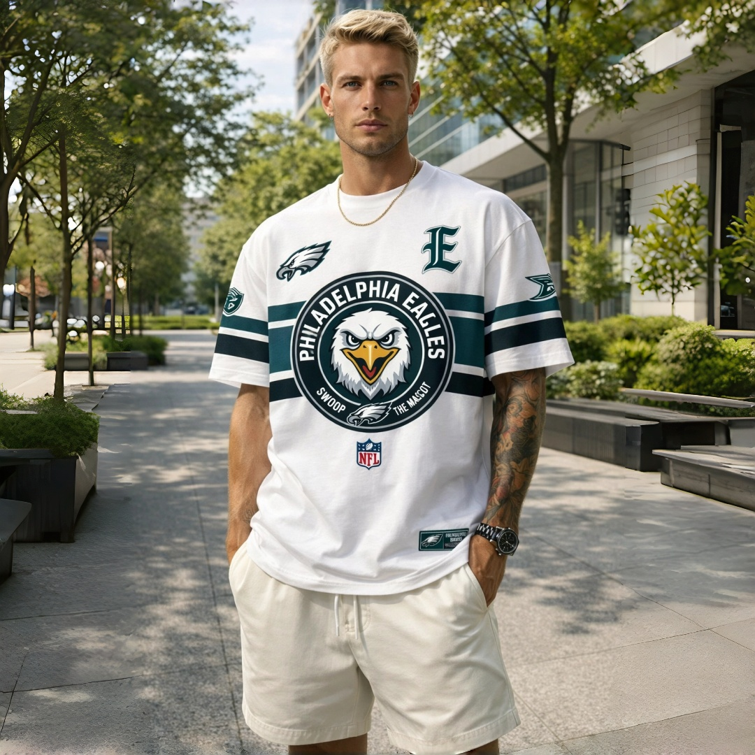 T-shirts featuring the NFL team "Philadelphia Eagles" and their mascot "Swoop"