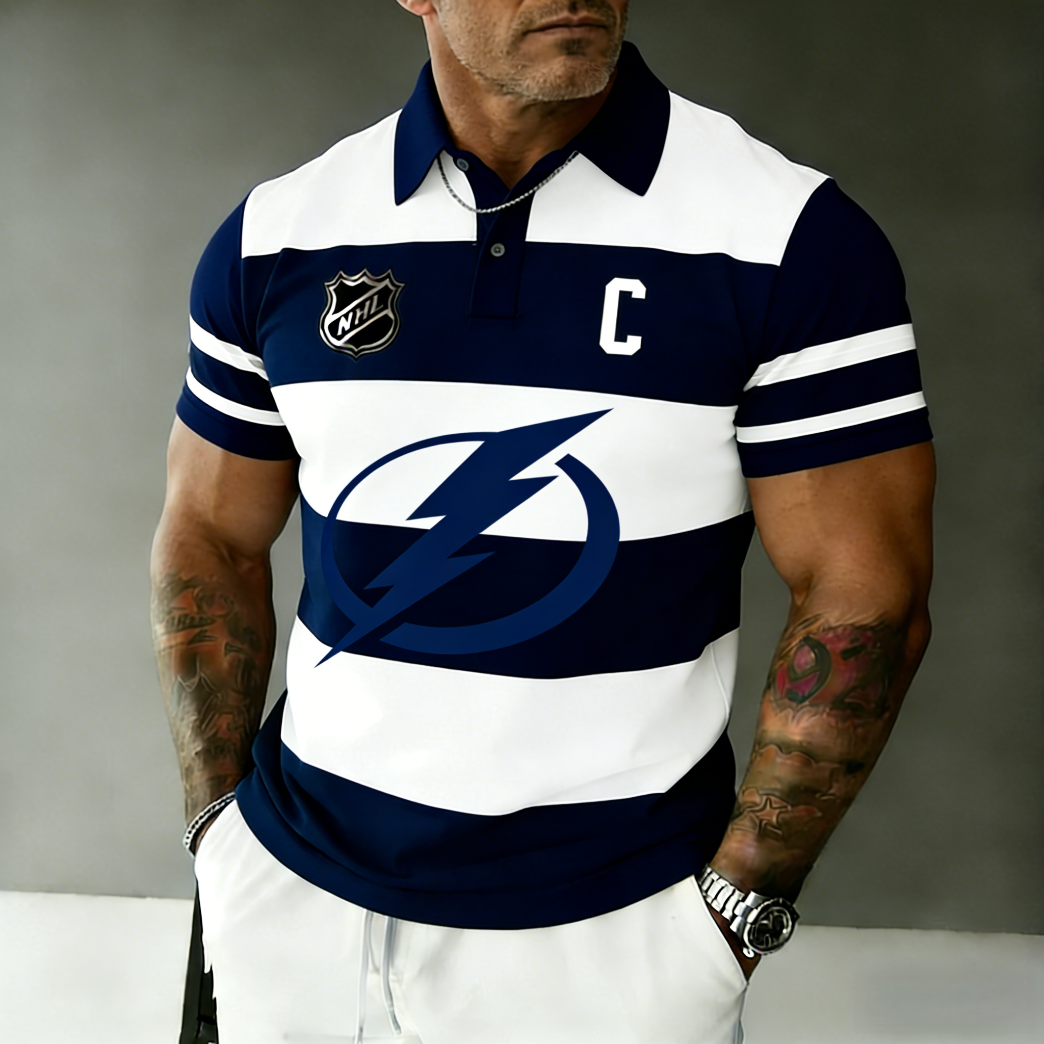 Tampa Bay Lightning captain's striped polo shirt