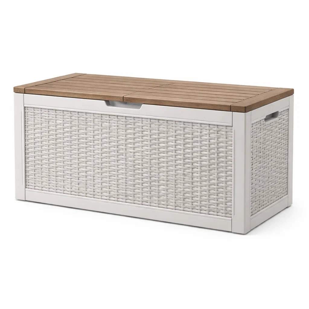 Contenitore in resina effetto rattan con coperchio in legno composito-NOOKHAVENZ