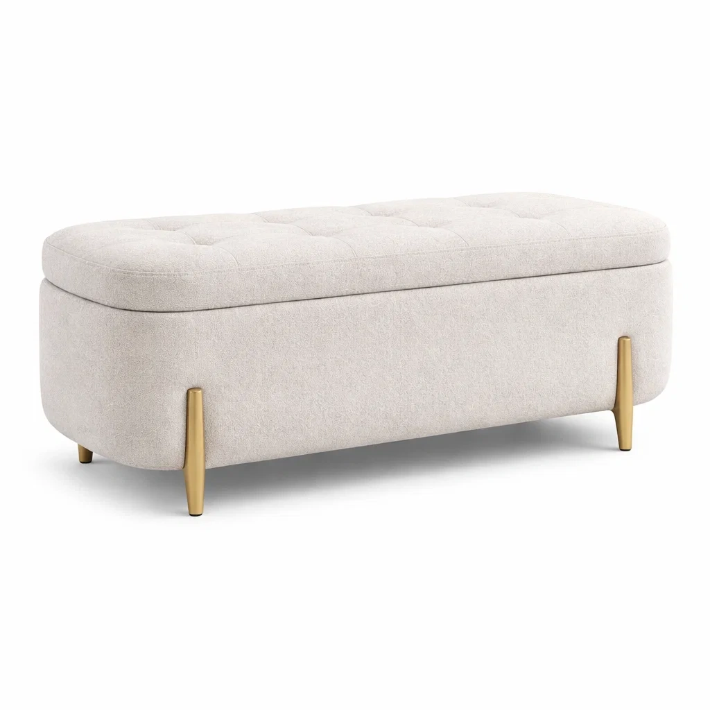 Panca contenitore in tessuto beige con gambe in metallo dorato-NOOKHAVENZ