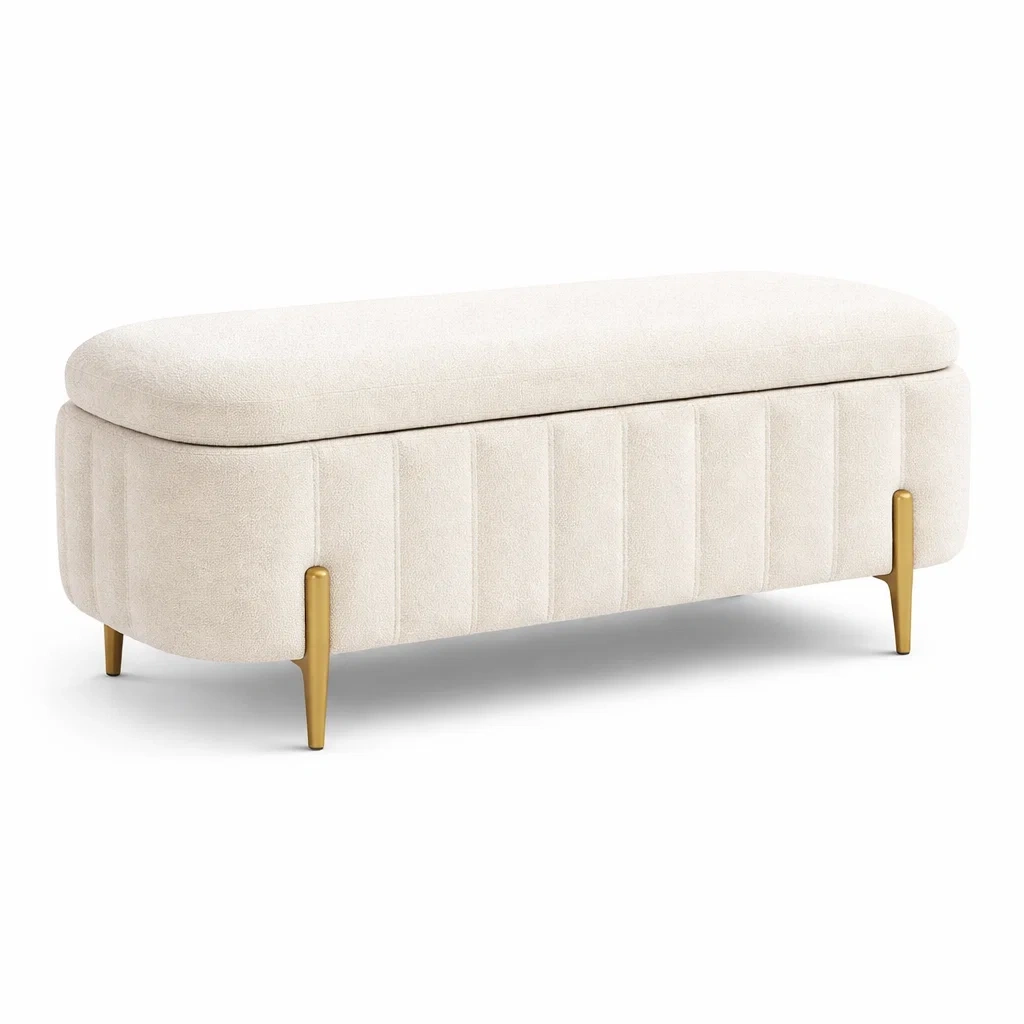 Panca contenitore in tessuto crema con gambe in metallo oro-NOOKHAVENZ
